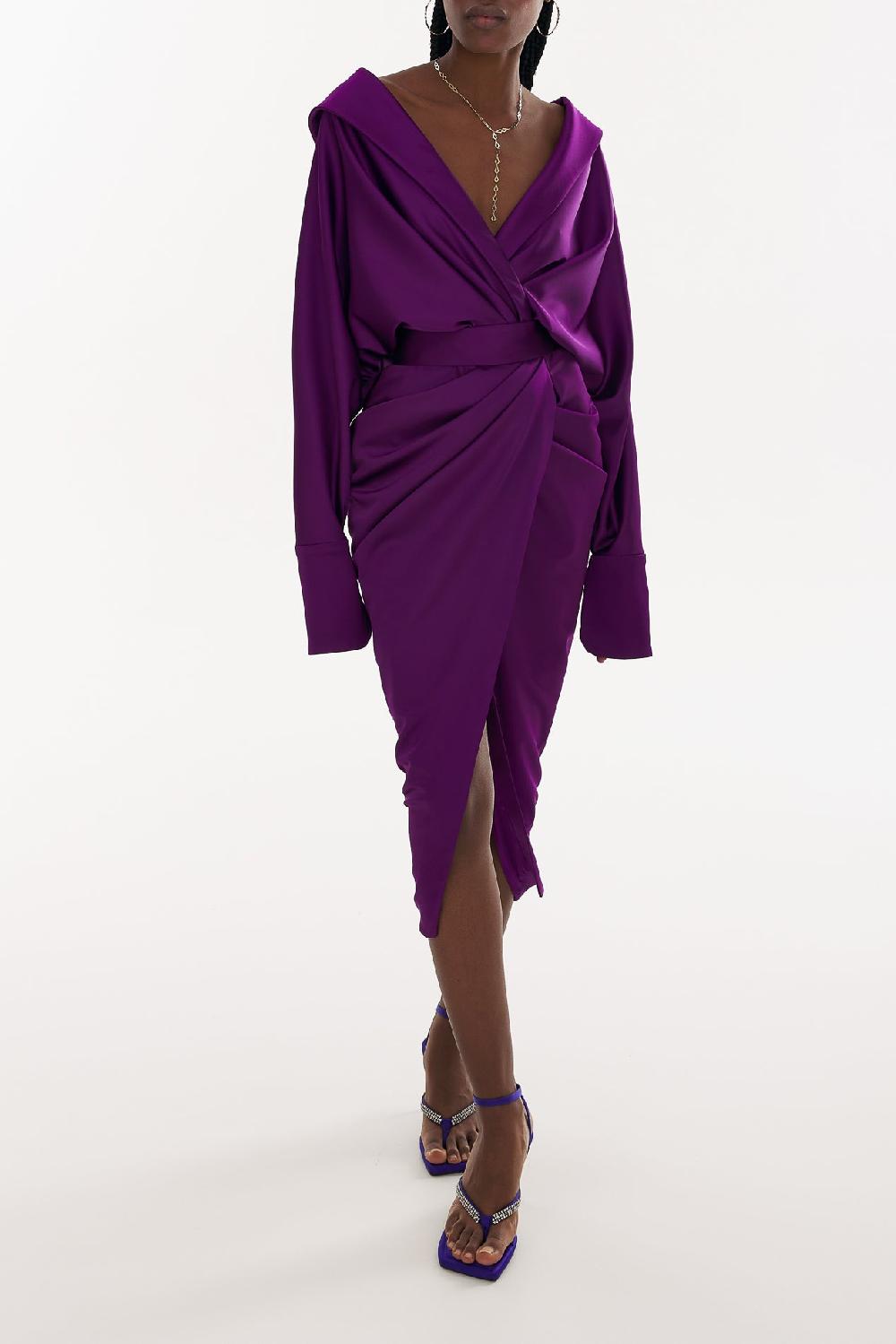 Rhea Costa Angelina Satin Midi Dress In Royal-Purple