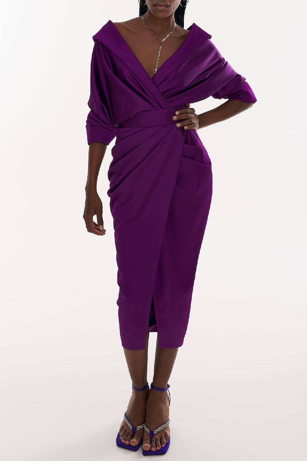rhea costa Angelina Satin Midi Dress in Royal-Purple