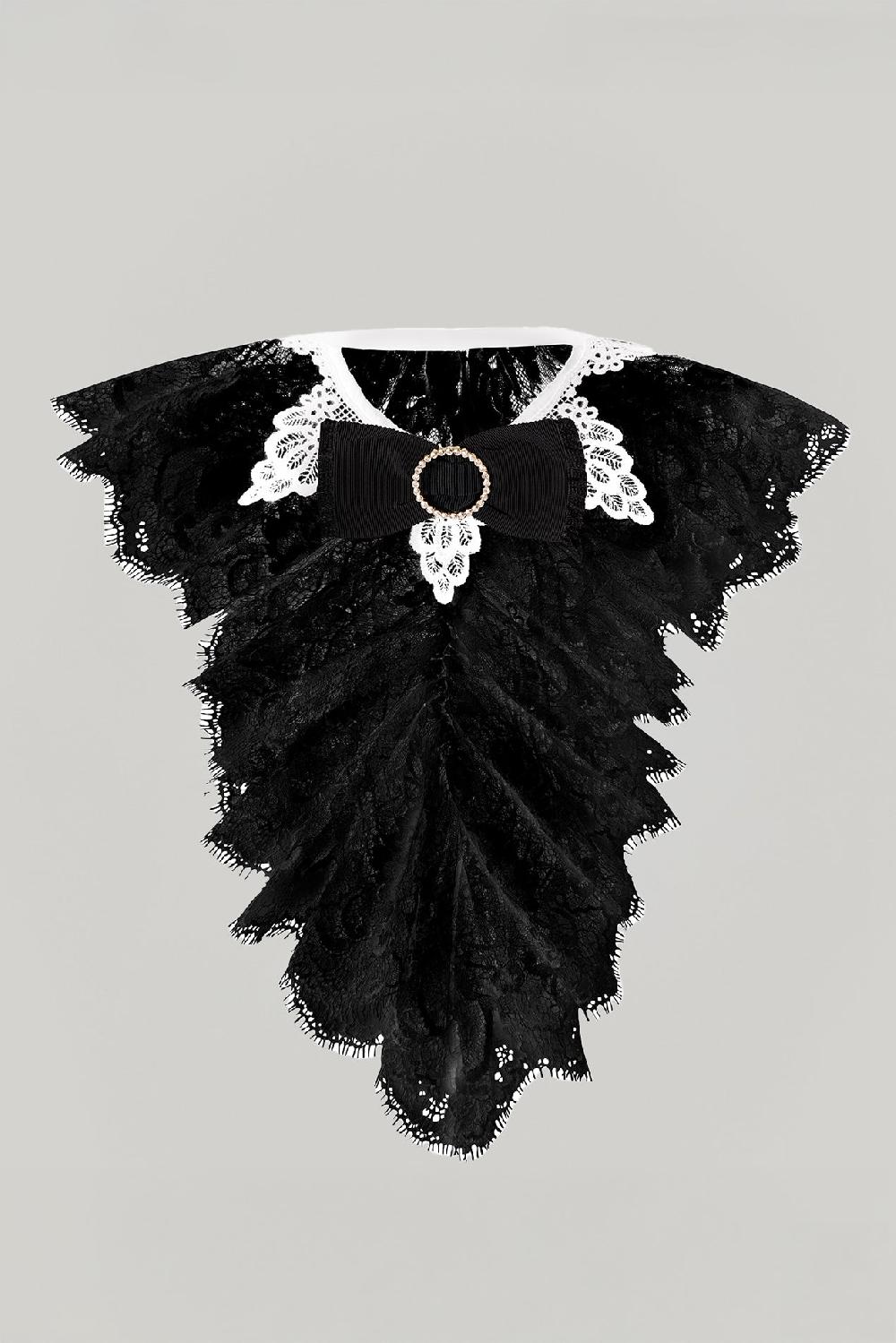 Rhea Costa Anne Ruffled Cotton Lace Jabot In Black And Ivory