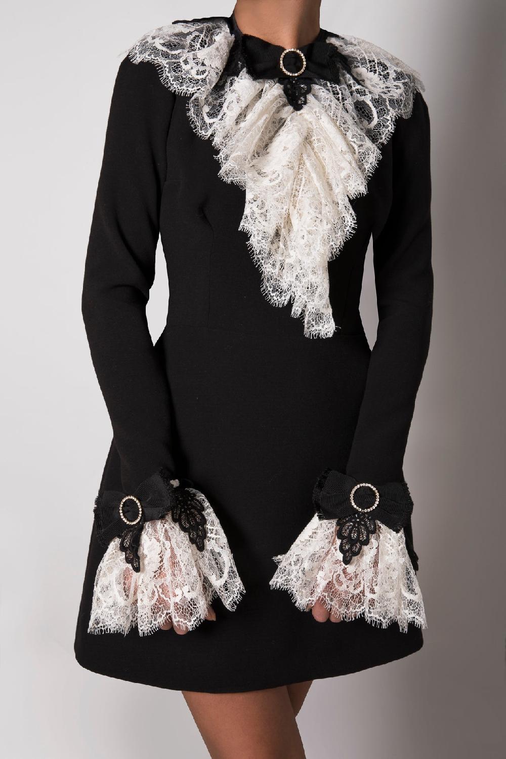 Rhea Costa Anne Ruffled Cotton Lace Jabot In Ivory And Black