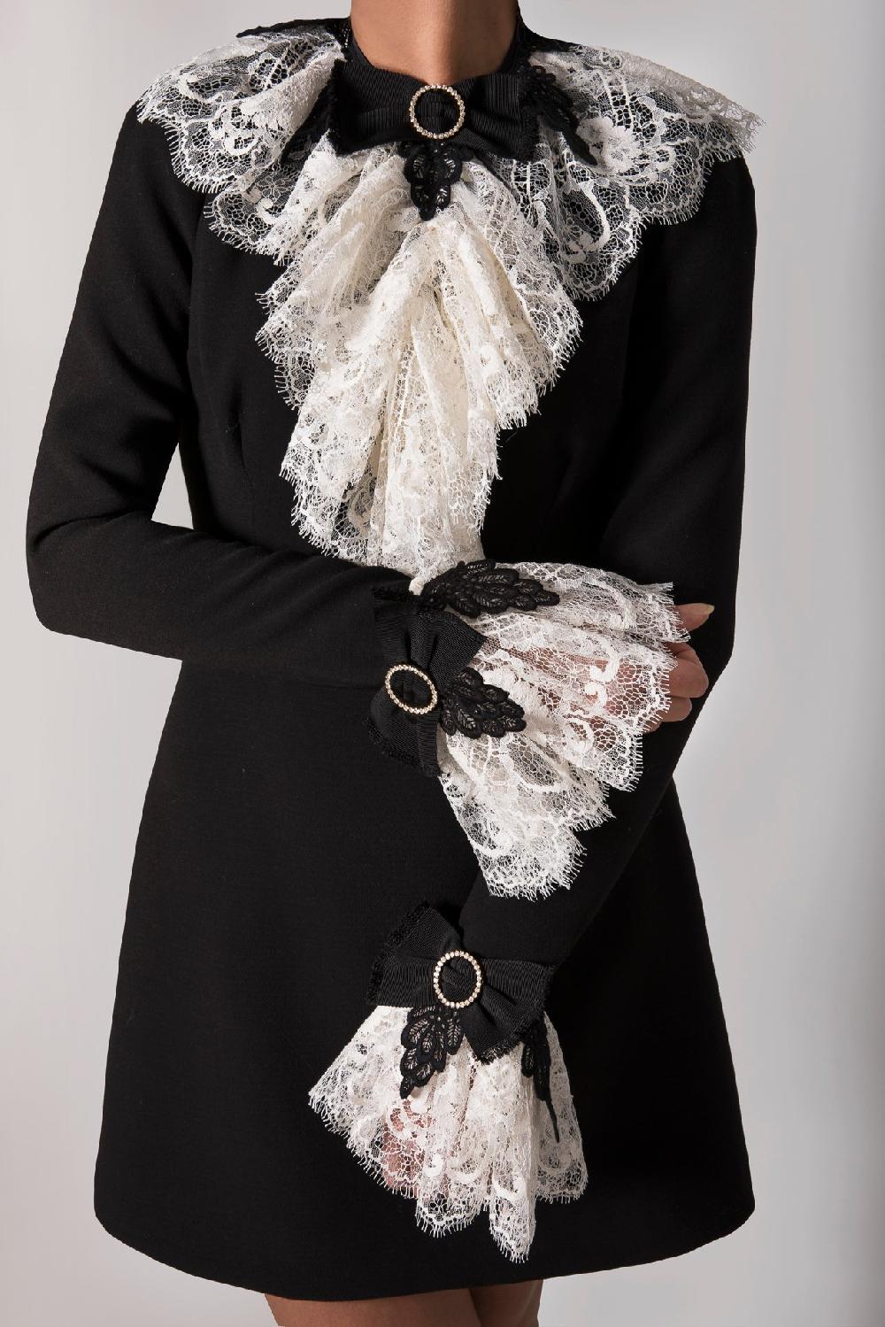 Rhea Costa Anne Ruffled Cotton Lace Jabot In Ivory And Black