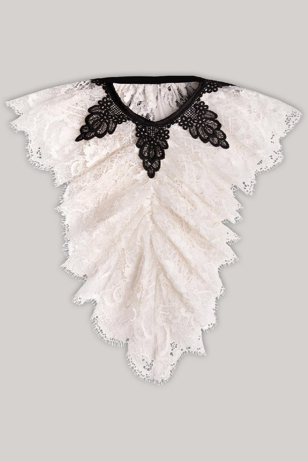 rhea costa Anne Ruffled Cotton Lace Jabot In Ivory and Black