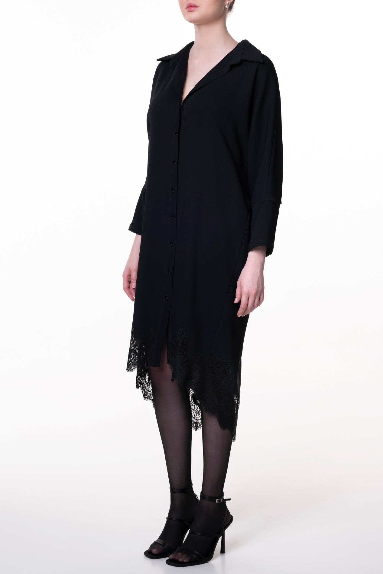 Rhea Costa Asy Black Lace Embroidered Shirt Midi Dress