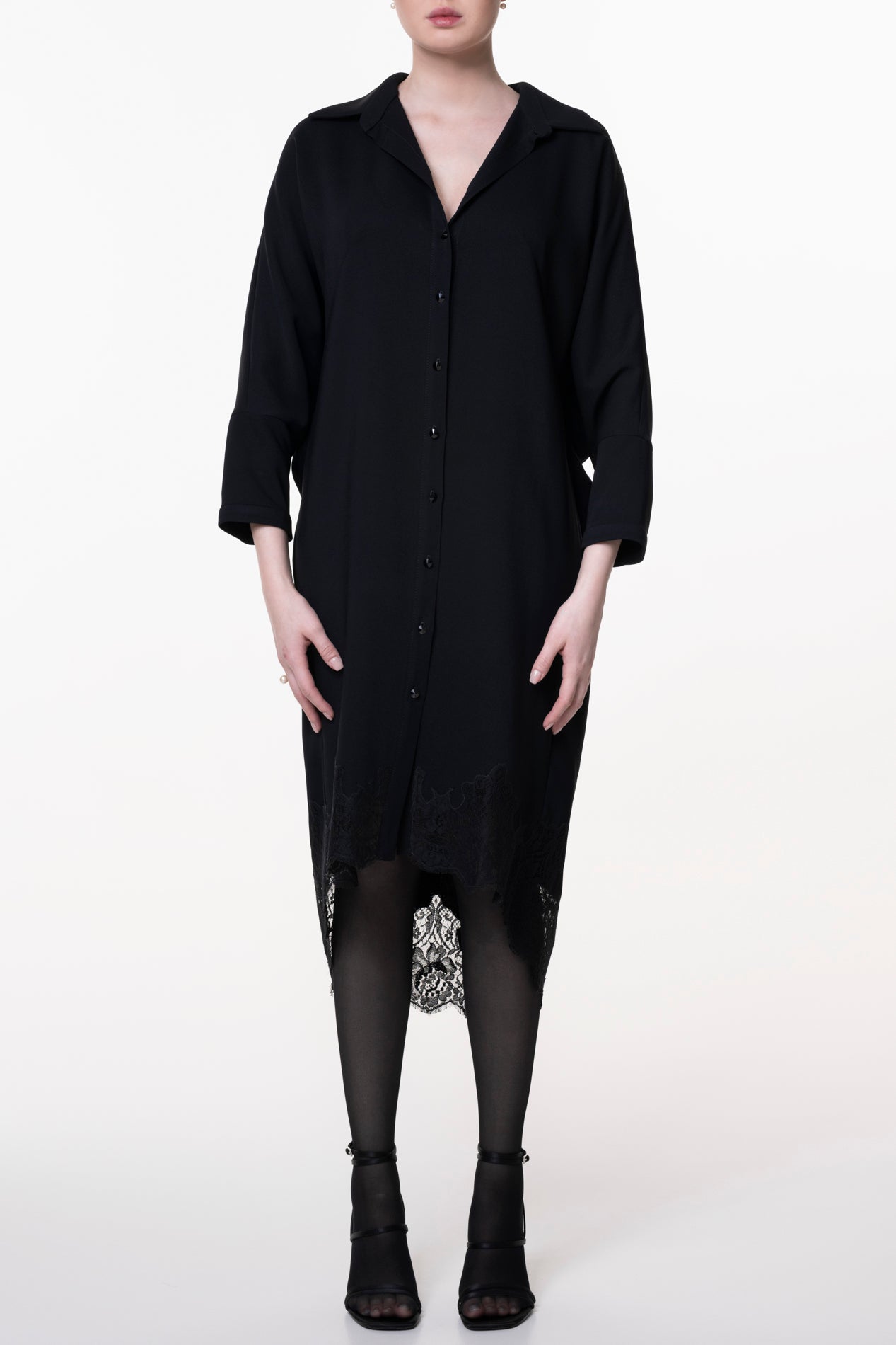 rhea costa Asy Black Lace Embroidered Shirt Midi Dress