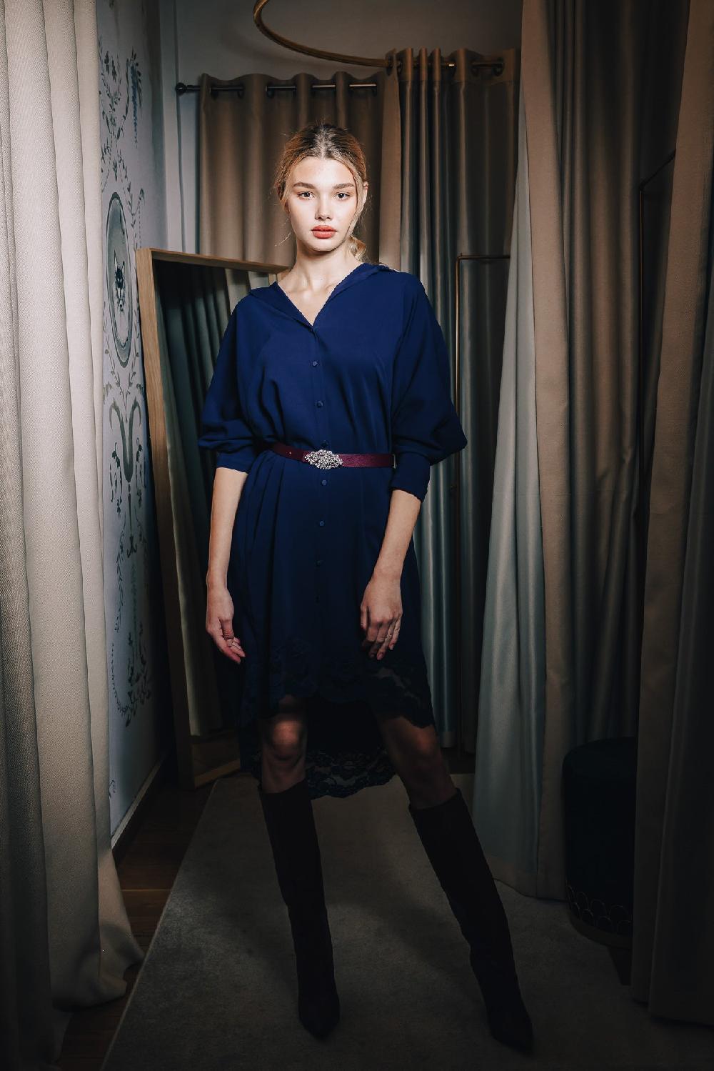 Rhea Costa Asy Midnight Blue Lace Embroidered Shirt Midi Dress