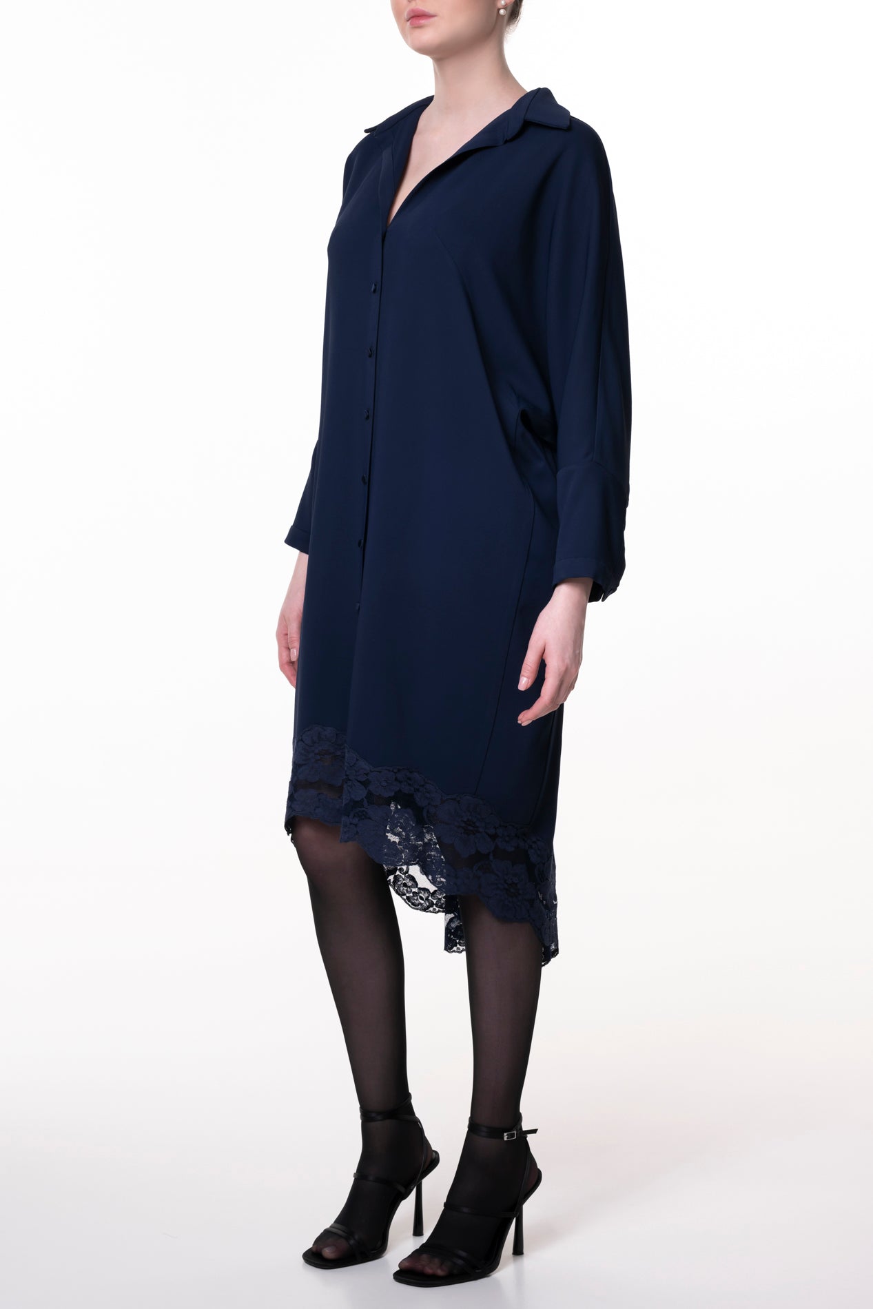 rhea costa Asy Midnight Blue Lace Embroidered Shirt Midi Dress