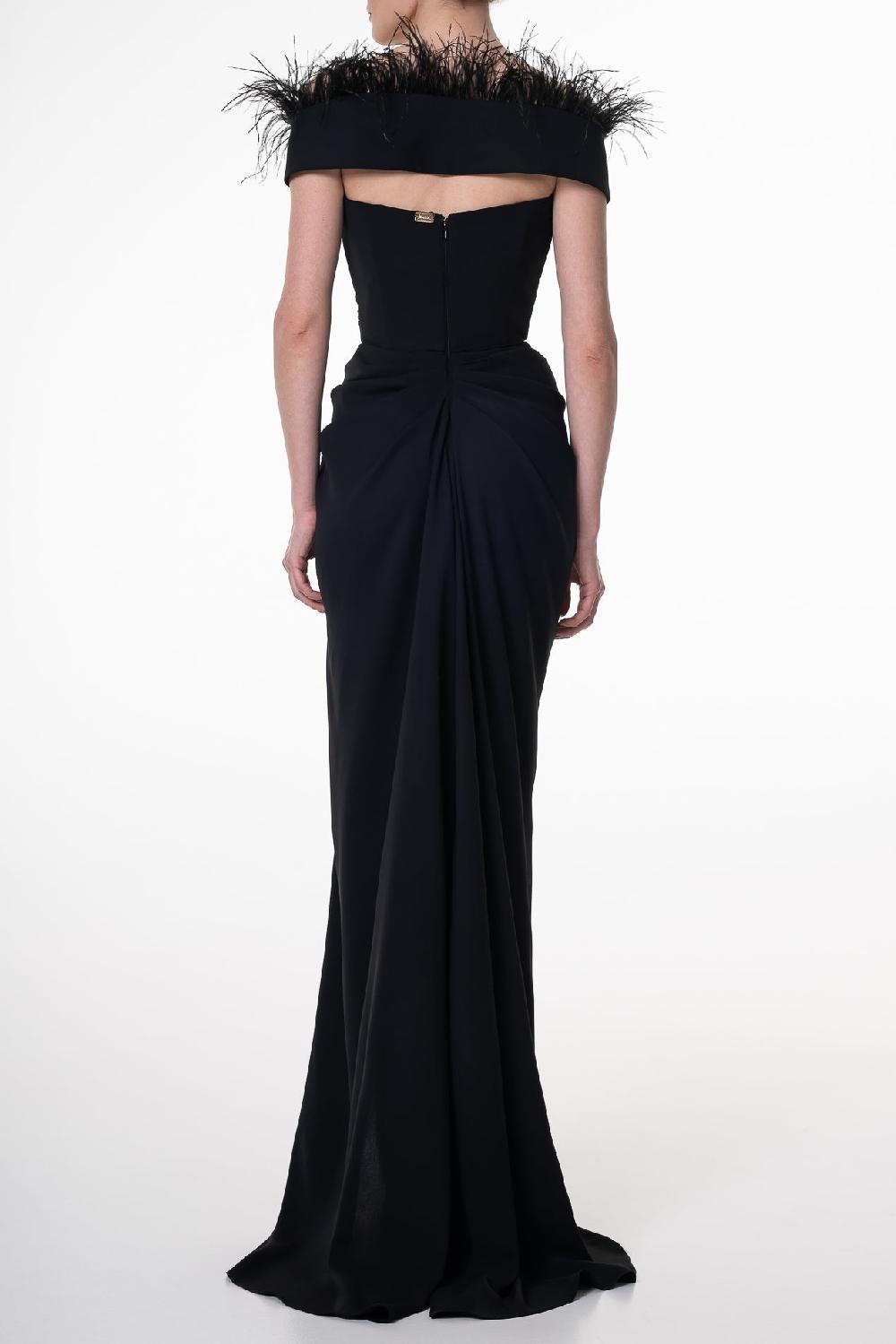Rhea Costa Athena Feather-Trimmed Crepe Long Dress In Black