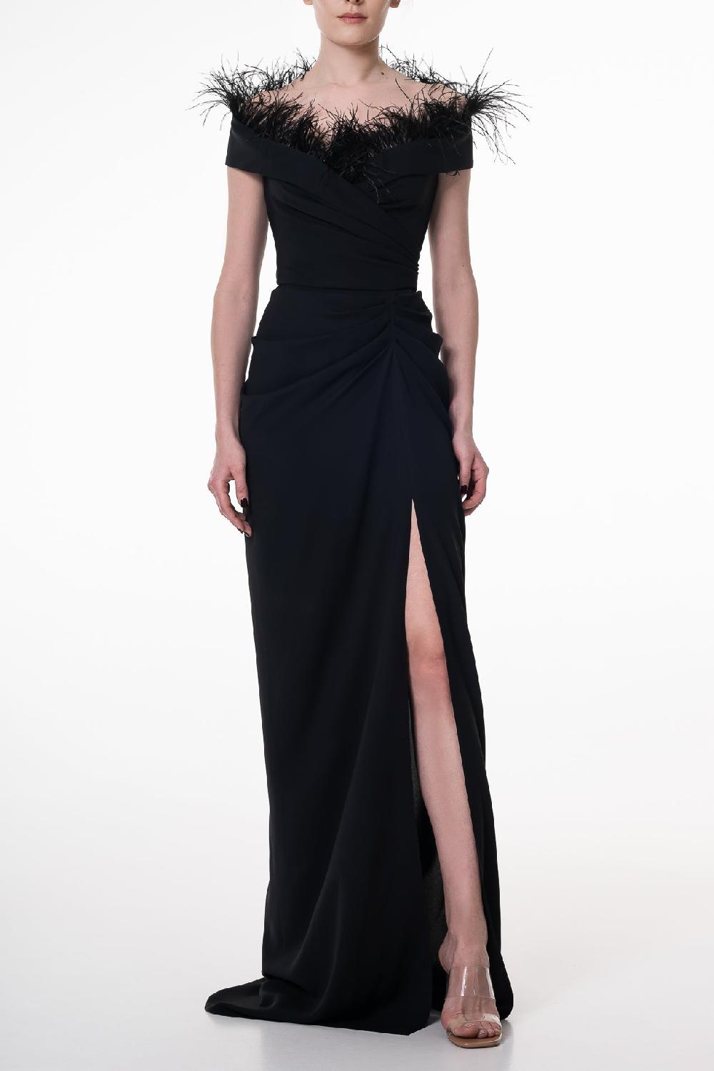 rhea costa Athena Feather-Trimmed Crepe Long Dress In Black