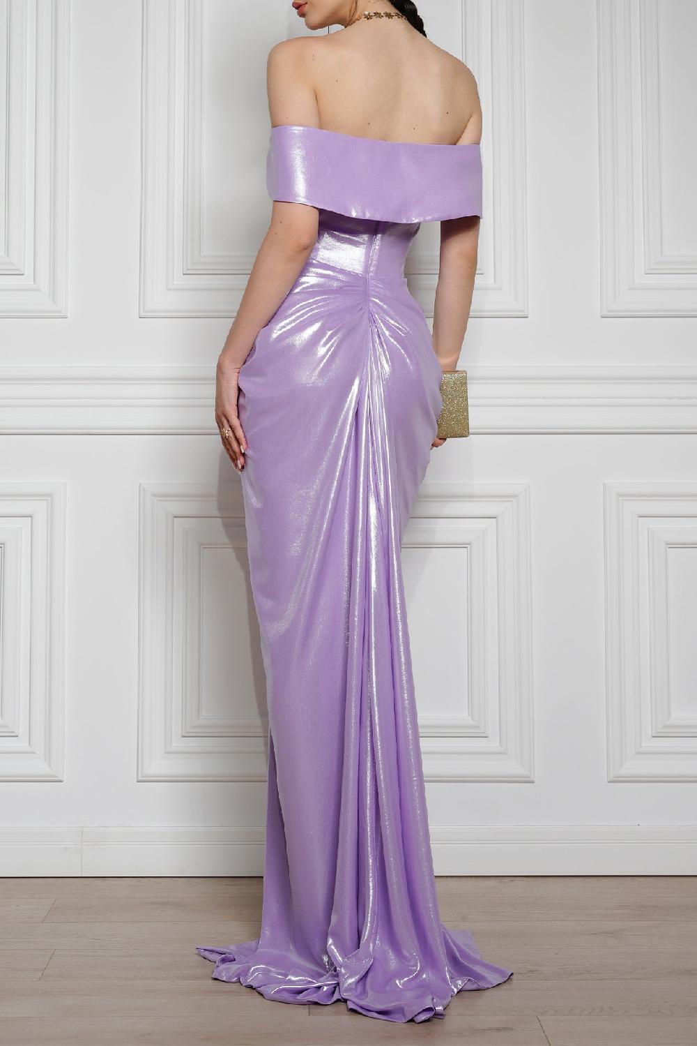 Rhea Costa Athena Glossy Chiffon Long Dress In Lilac