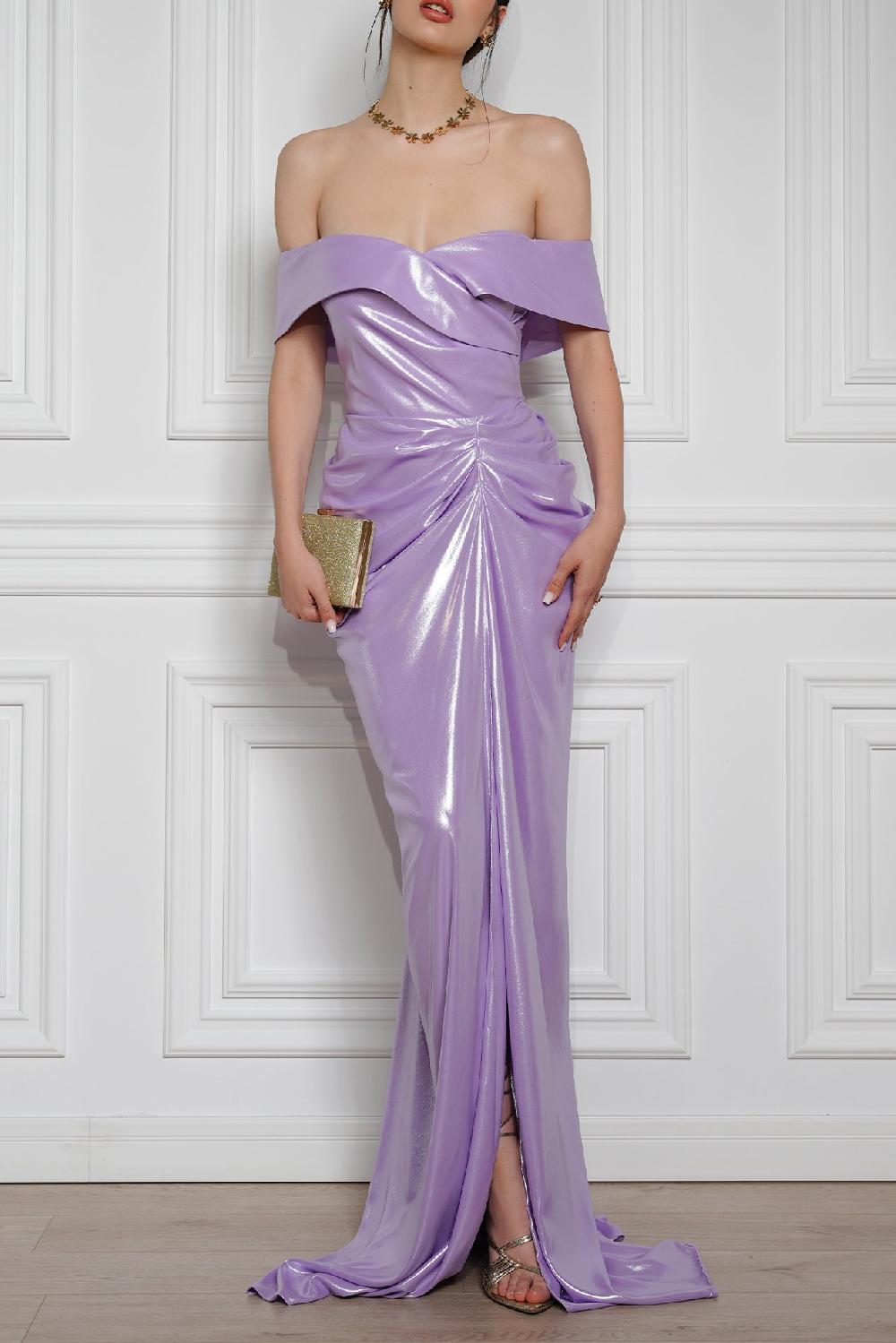 rhea costa Athena Glossy Chiffon Long Dress In Lilac