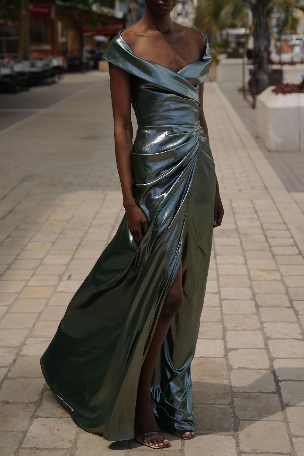 Rhea Costa Athena Glossy Chiffon Long Dress In Olive