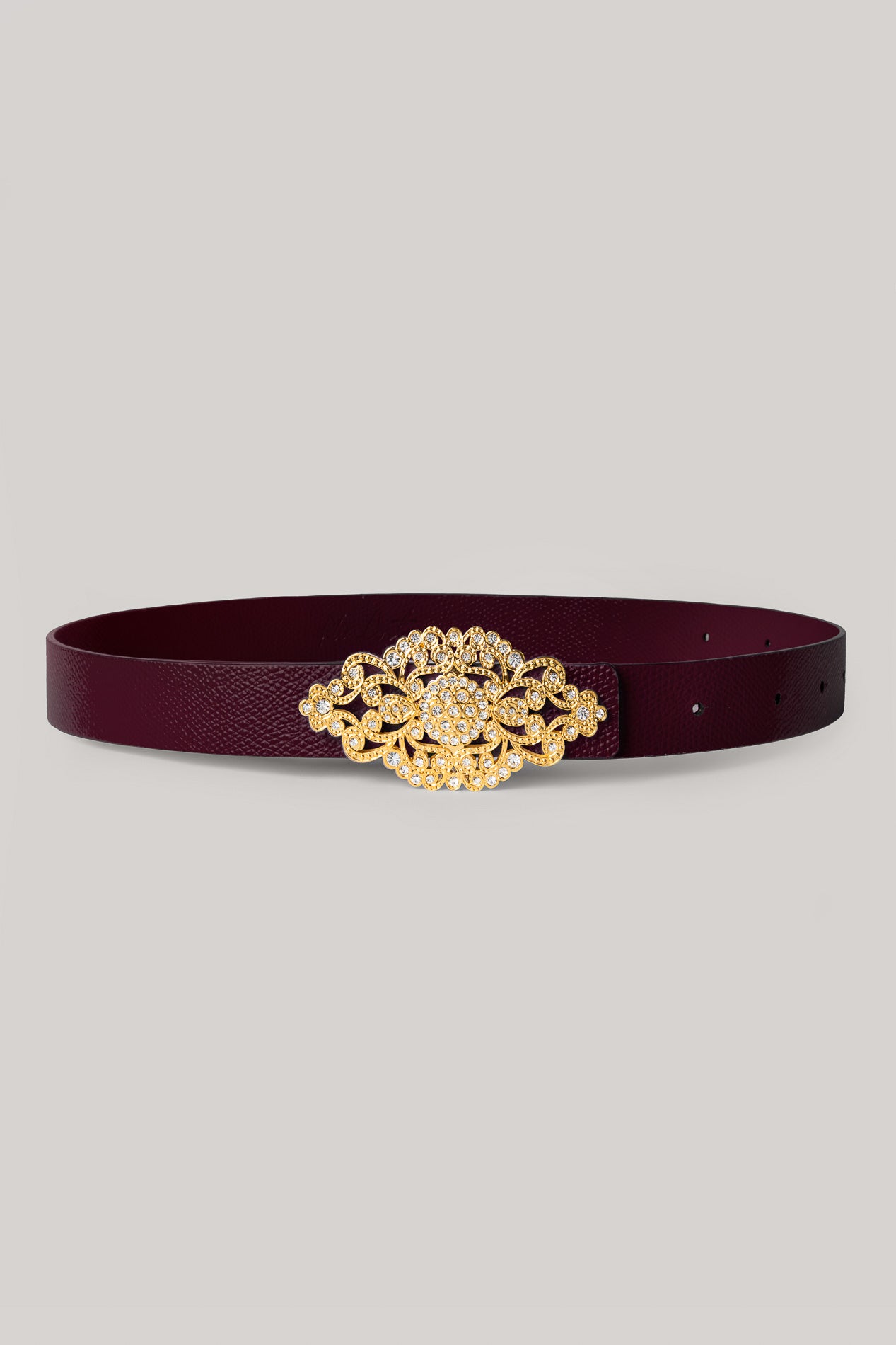Rhea Costa Baroque Burgundy Leather Waist Belt With Gold Buckle