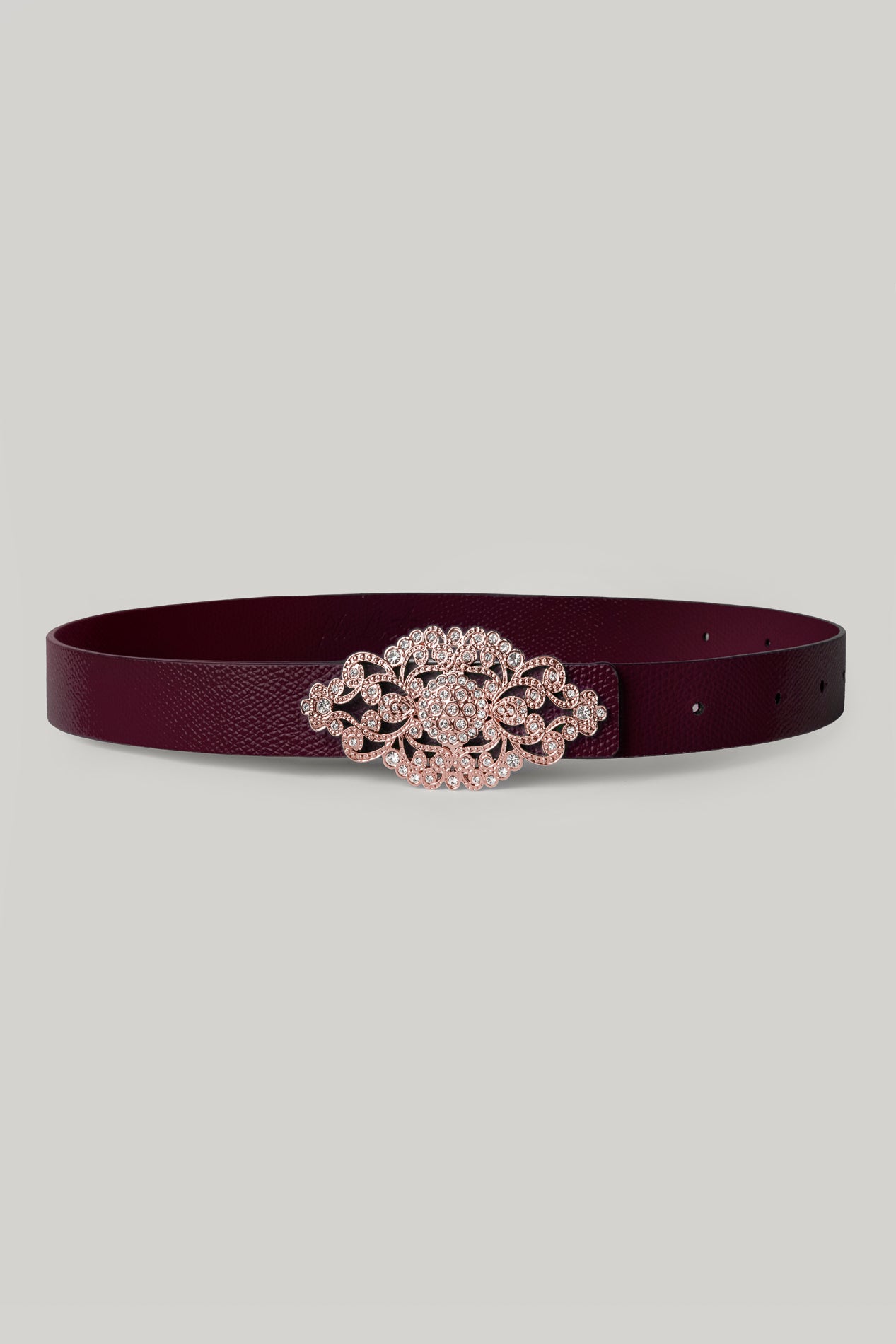 Rhea Costa Baroque Burgundy Leather Waist Belt With Rose-Gold Buckle