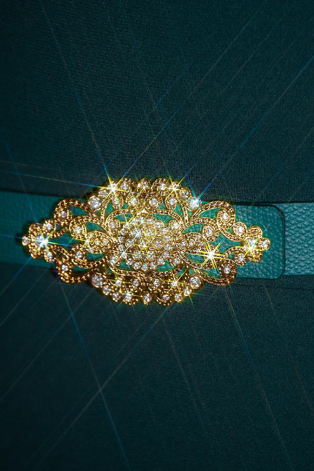 Rhea Costa Baroque Emerald Leather Waist Belt With Gold Buckle