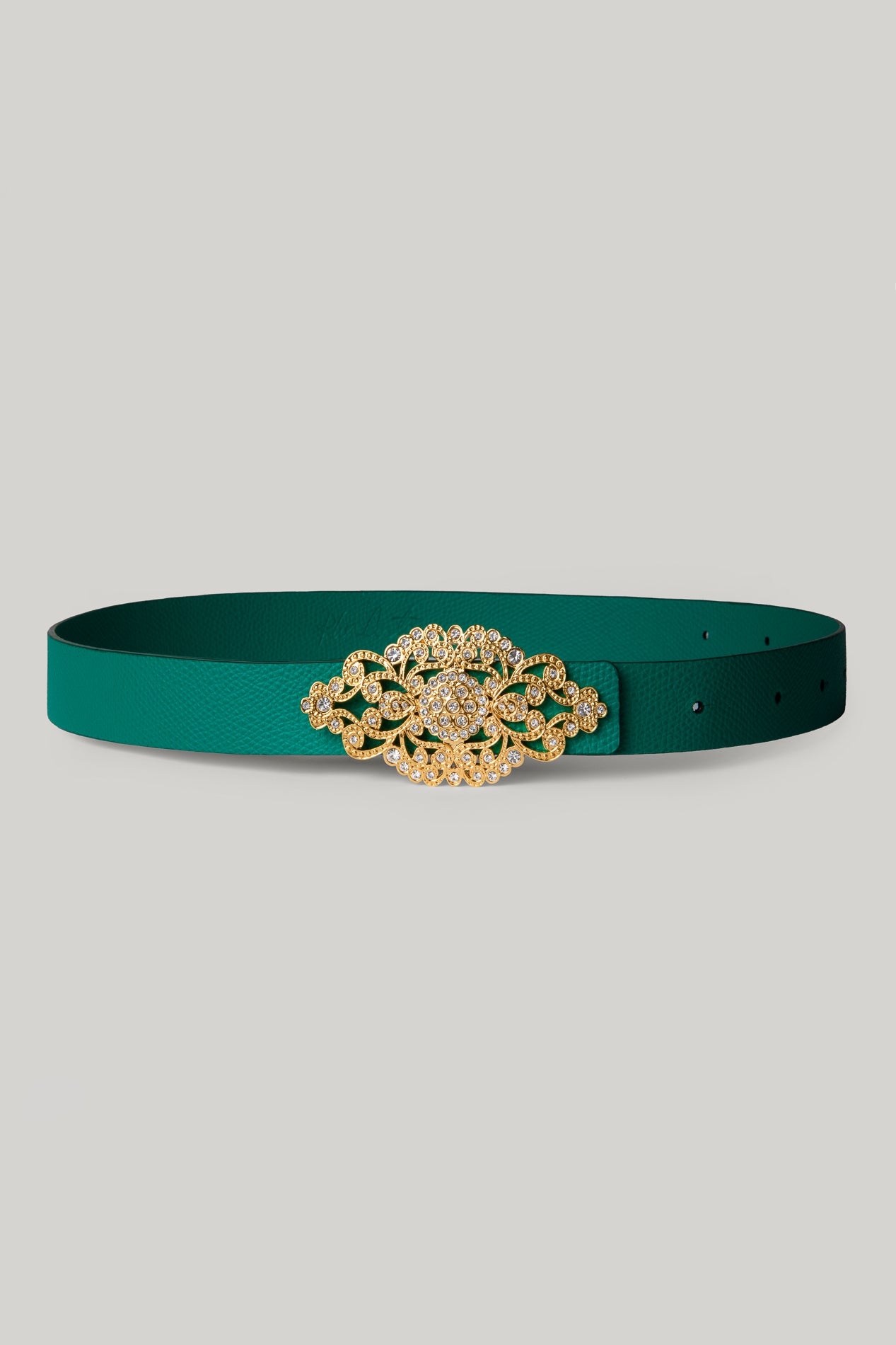 rhea costa Baroque Emerald Leather Waist Belt With Gold Buckle