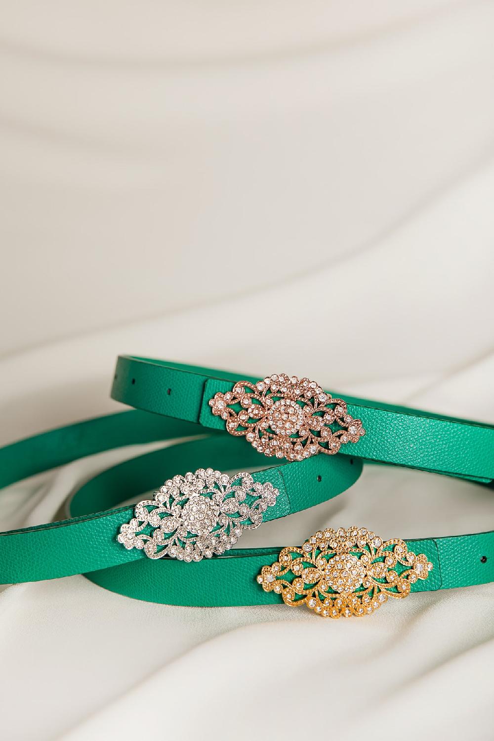 Rhea Costa Baroque Emerald Leather Waist Belt With Silver Buckle