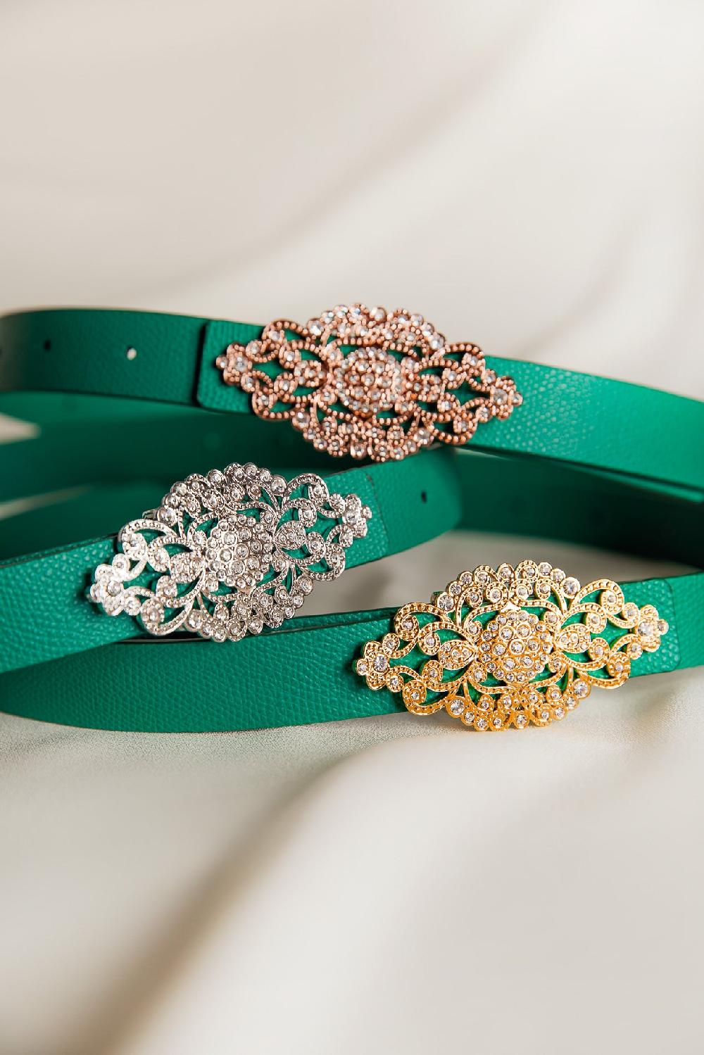 Rhea Costa Baroque Emerald Leather Waist Belt With Silver Buckle