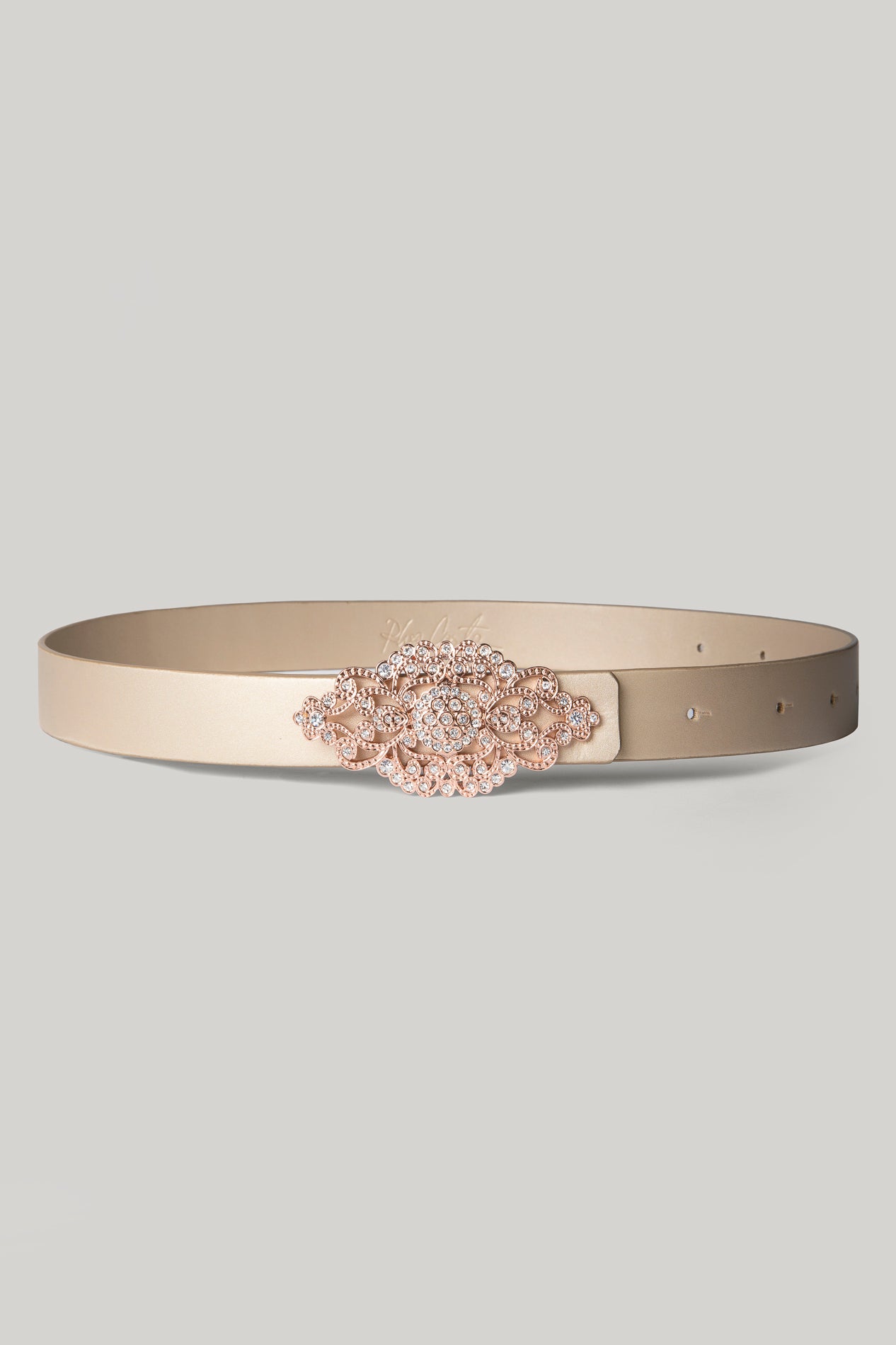 Rhea Costa Baroque Gold Leather Waist Belt With Rose-Gold Buckle