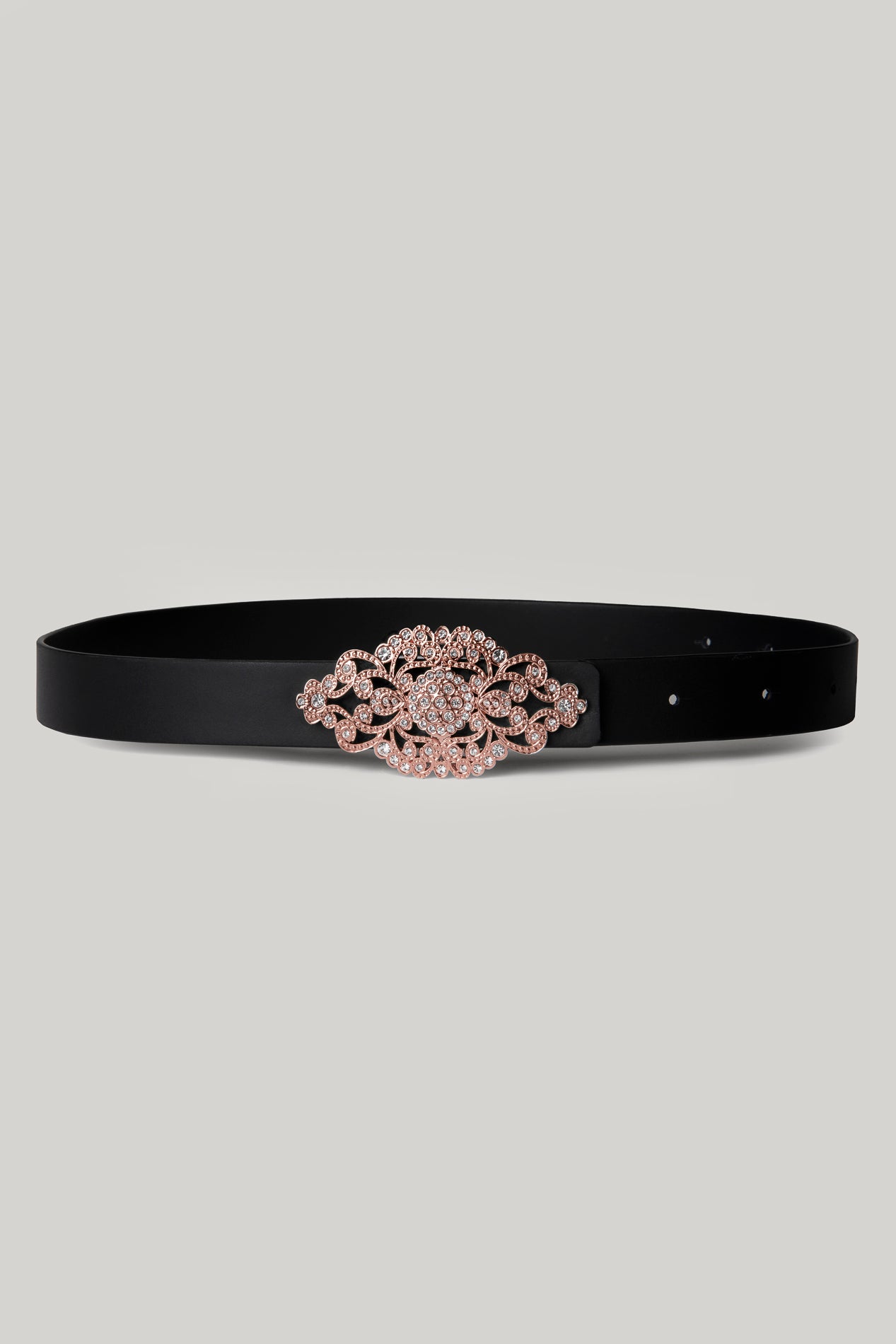 Rhea Costa Baroque Matte Black Leather Waist Belt With Rose-Gold Buckle