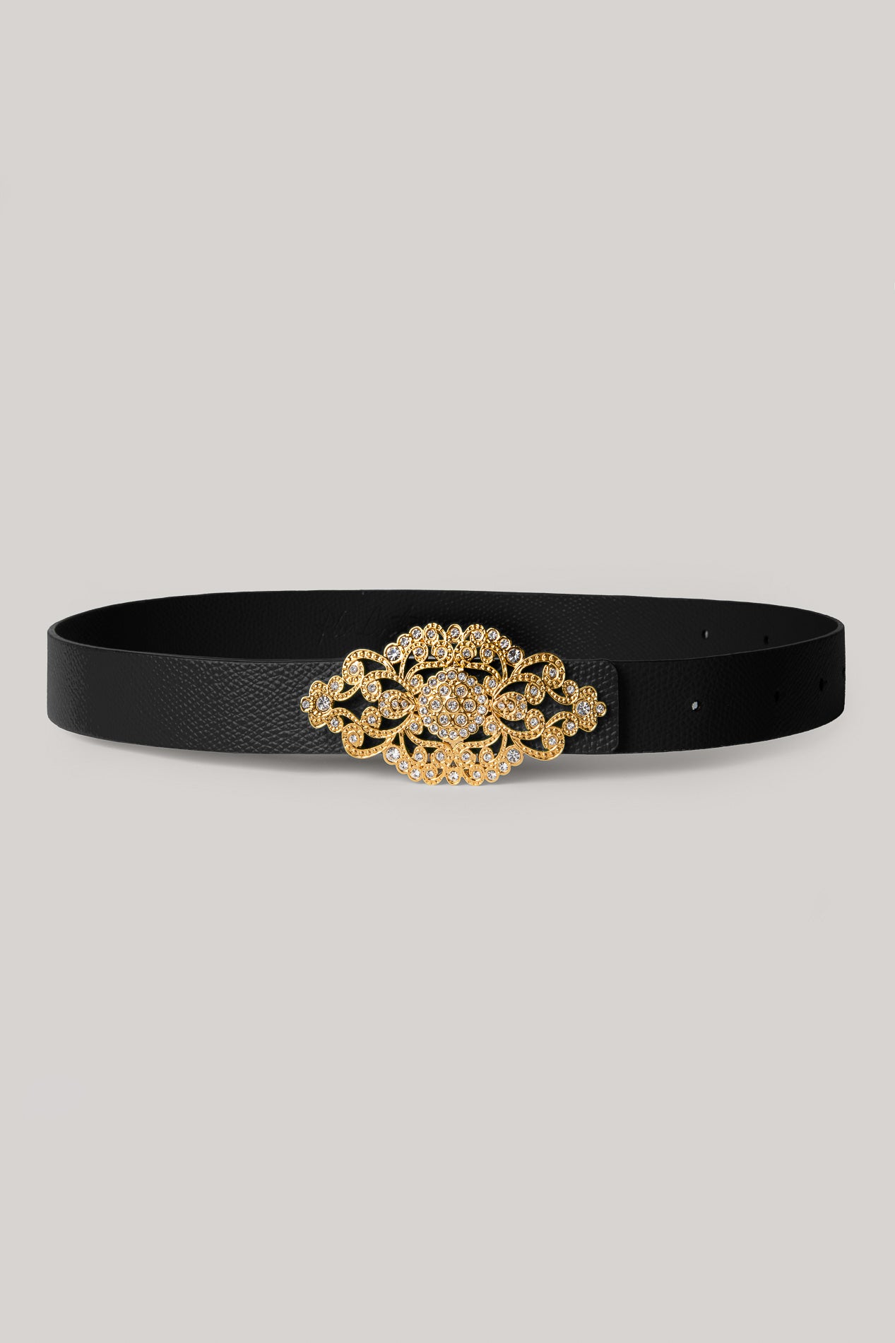rhea costa Baroque Saffiano Black Leather Waist Belt With Gold Buckle