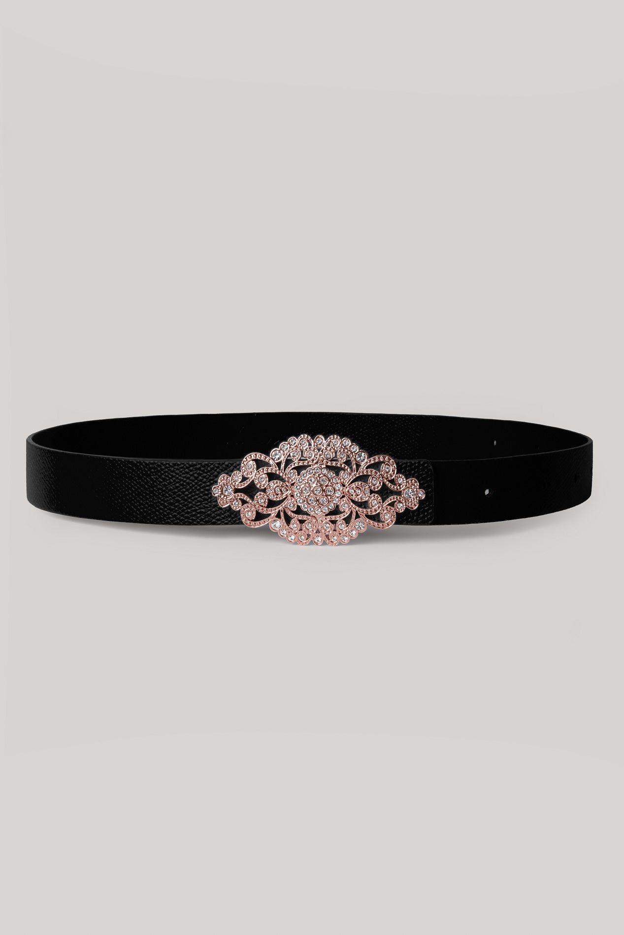 rhea costa Baroque Saffiano Black Leather Waist Belt With Rose-Gold Buckle
