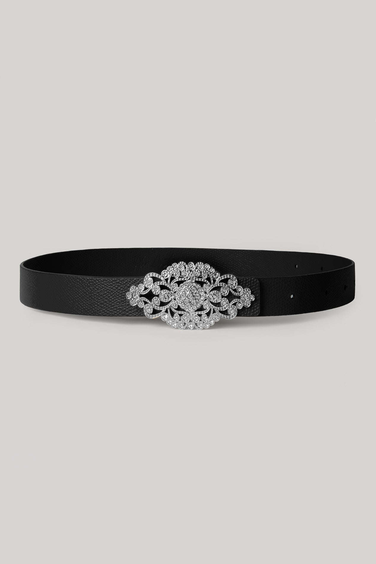 rhea costa Baroque Saffiano Black Leather Waist Belt With Silver Buckle