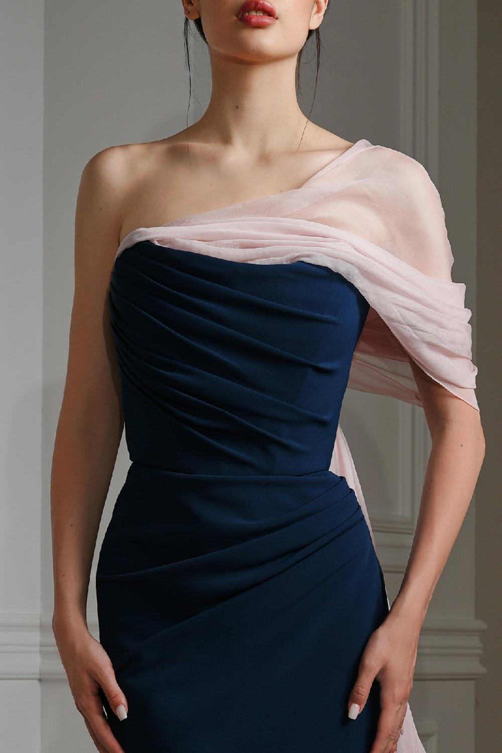Rhea Costa Bella Silk Chiffon And Crepe Dress In Prussian Blue And Powder