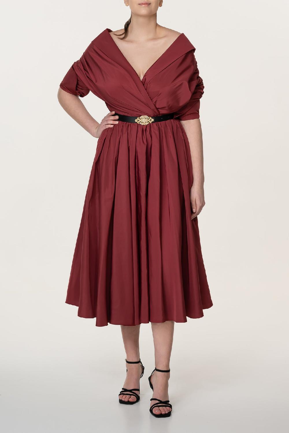 rhea costa Carrie Taffeta Midi Dress in Pomegranate