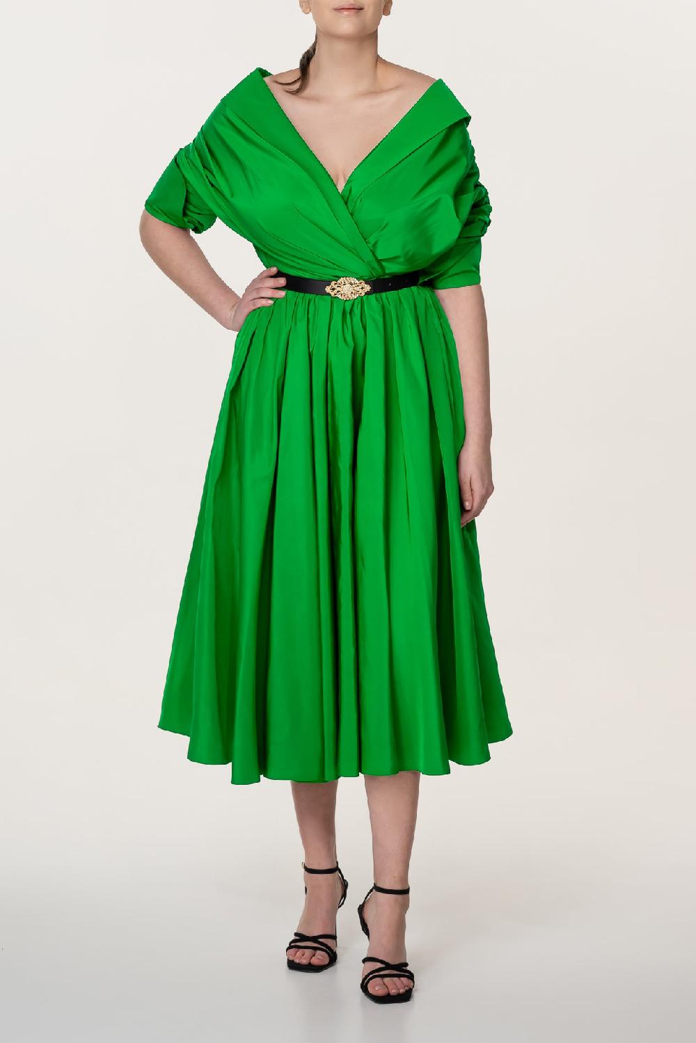 rhea costa Carrie Taffeta Midi Dress in Spring-Green