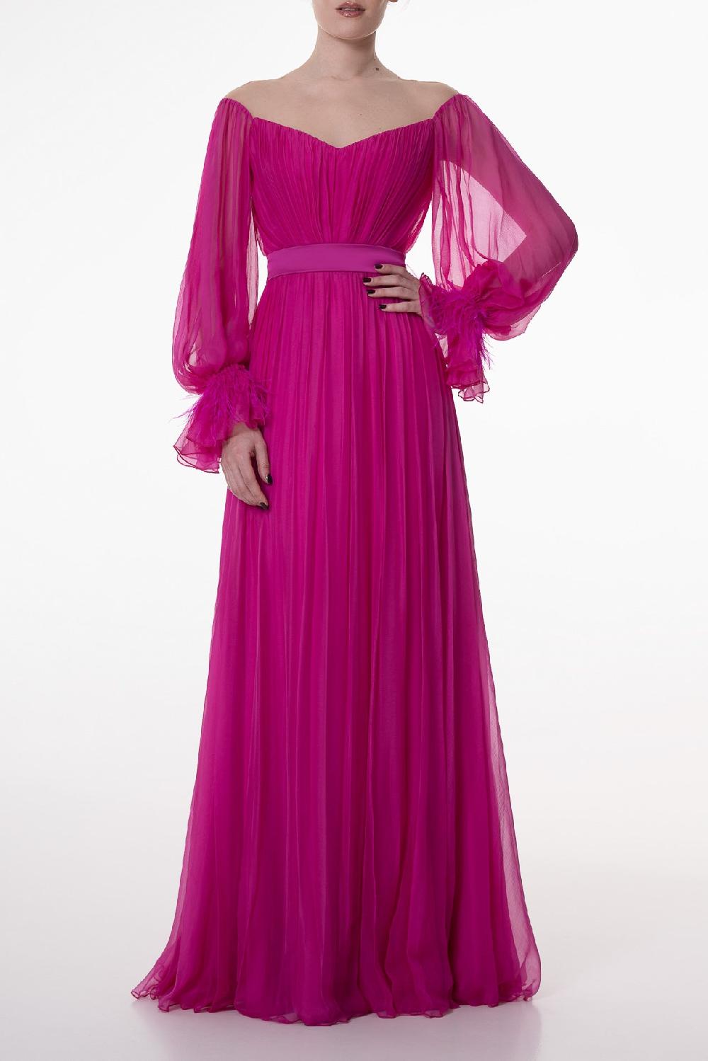 rhea costa Cher Fuchsia Boho Silk Chiffon Long Dress