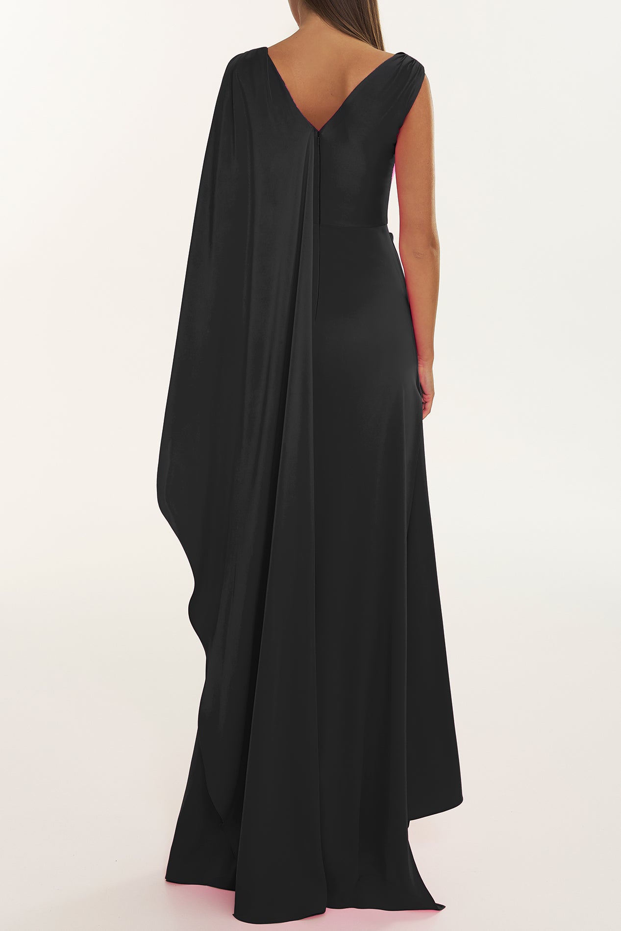 Rhea Costa Cora Black Caped Asymmetrical Satin Crepe Dress
