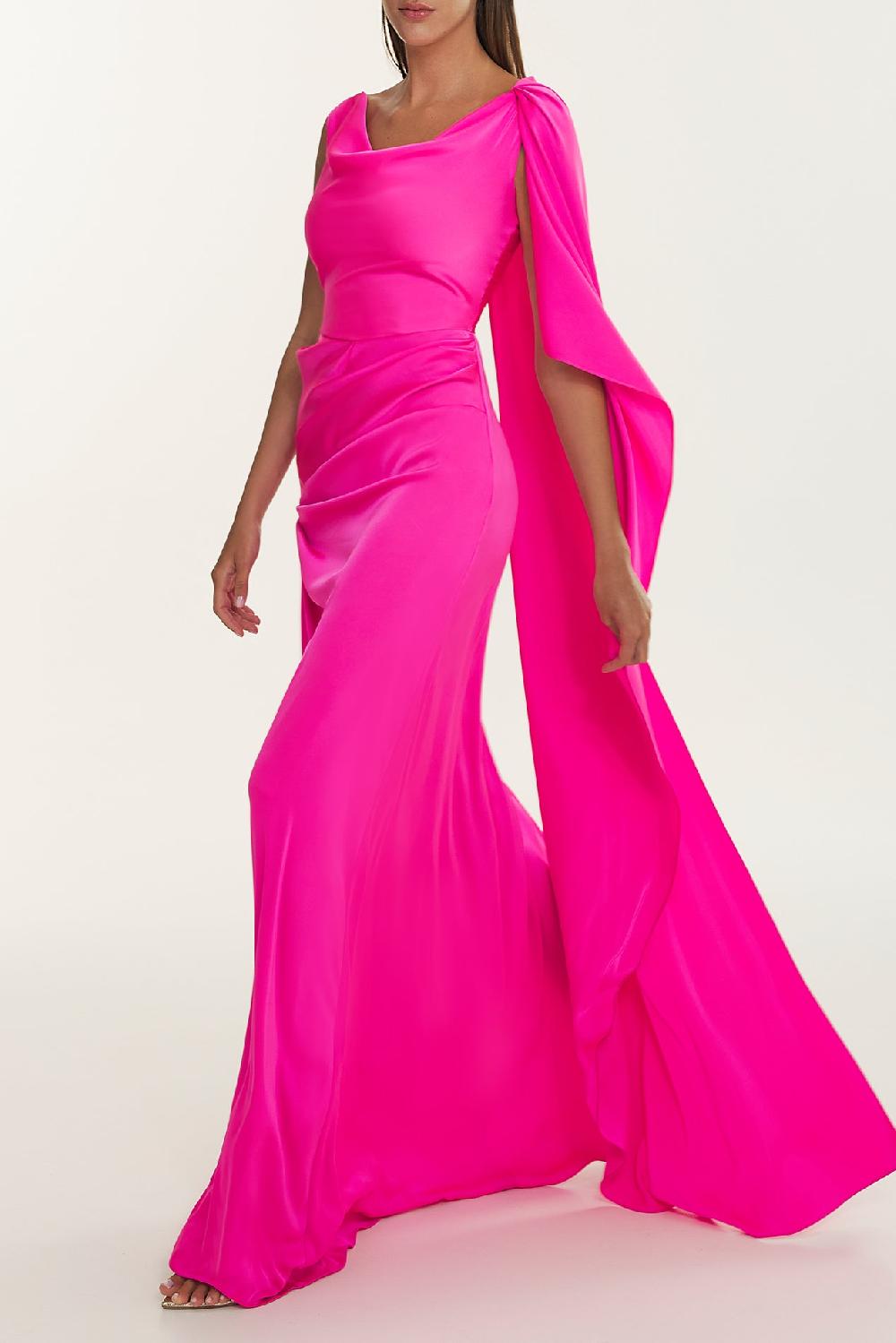 Rhea Costa Cora Pink Caped Asymmetrical Satin Crepe Dress