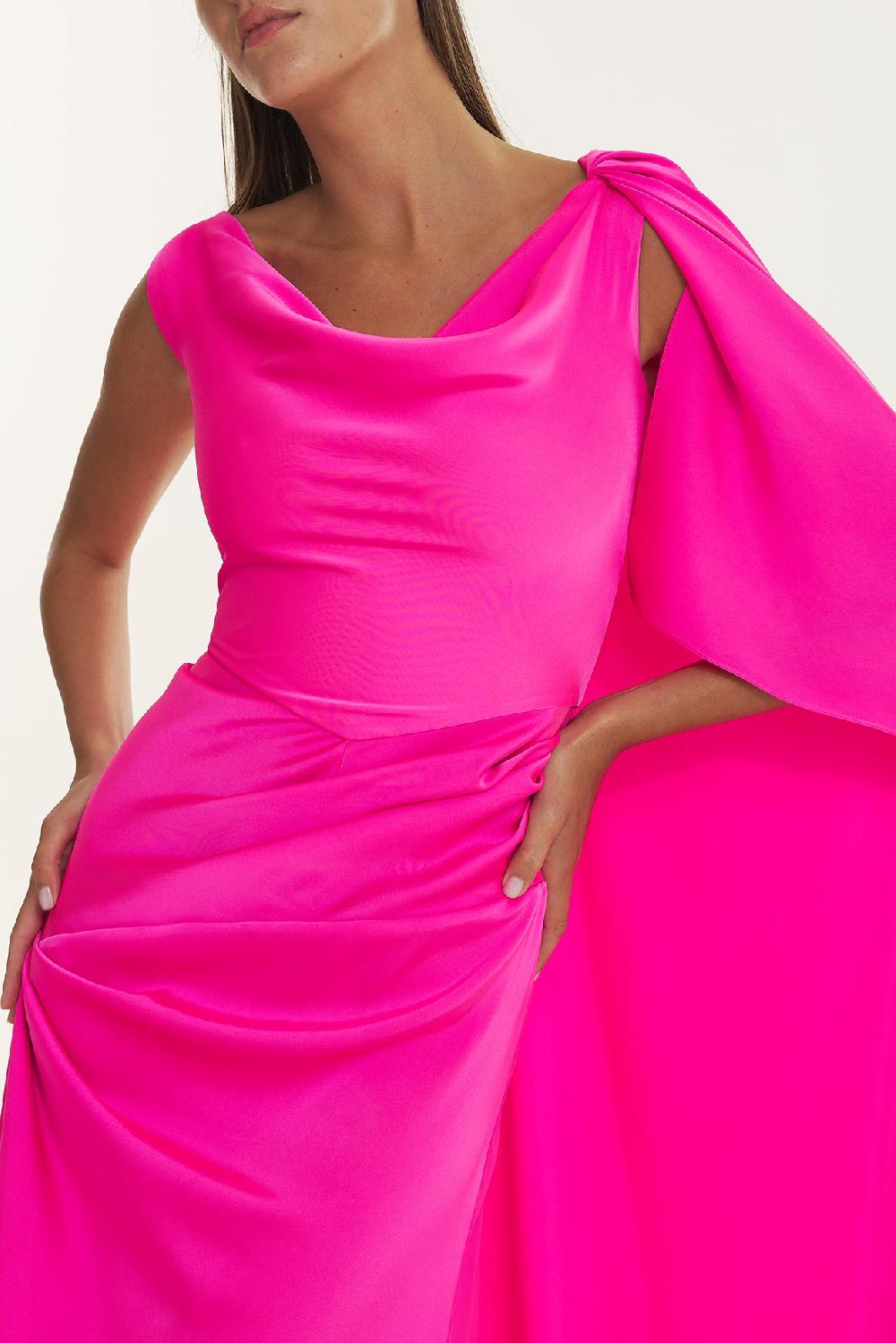 Rhea Costa Cora Pink Caped Asymmetrical Satin Crepe Dress