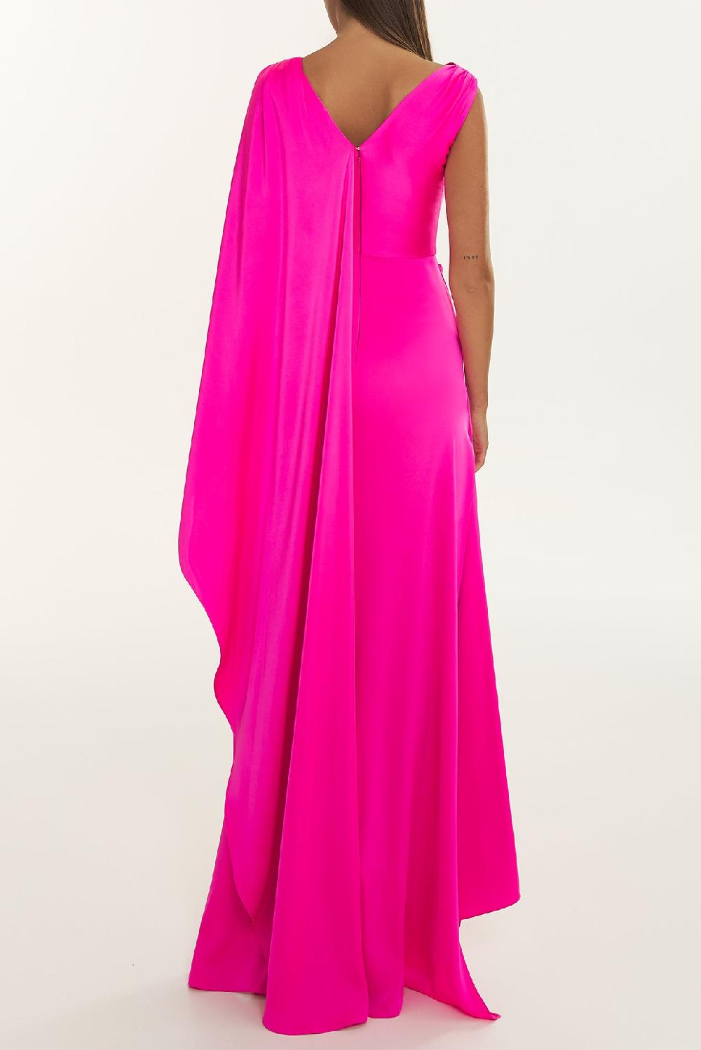 Rhea Costa Cora Pink Caped Asymmetrical Satin Crepe Dress
