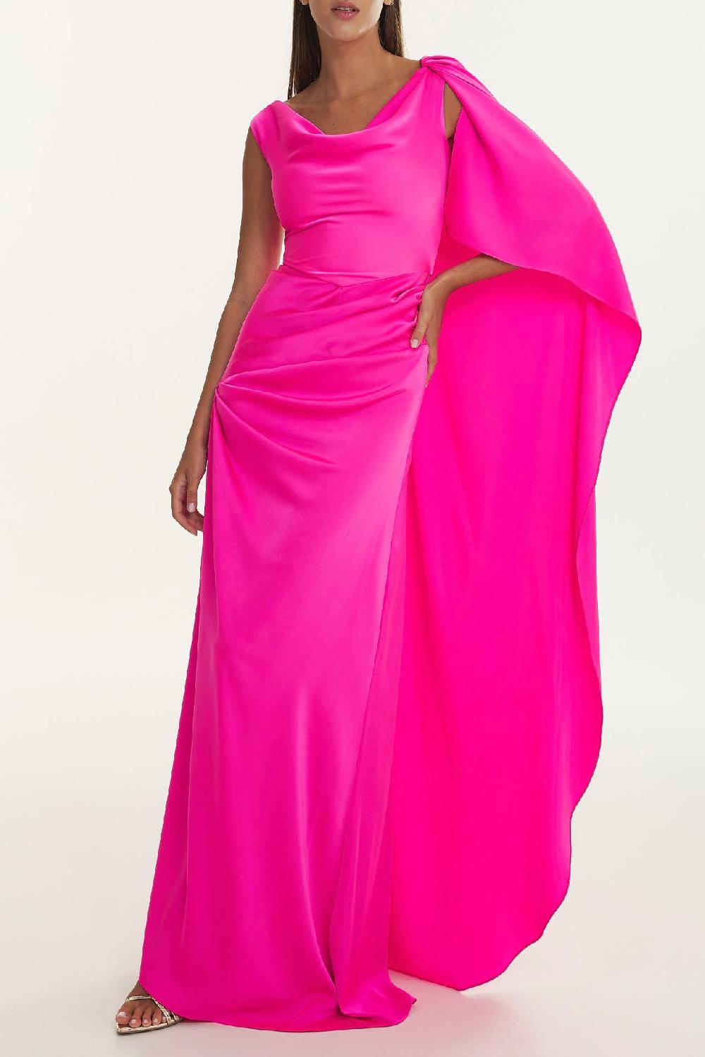 rhea costa Cora Pink Caped Asymmetrical Satin Crepe Dress