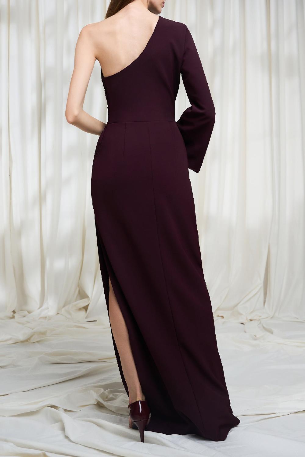 Rhea Costa Cory One-shoulder Crepe Long Dress In Merlot