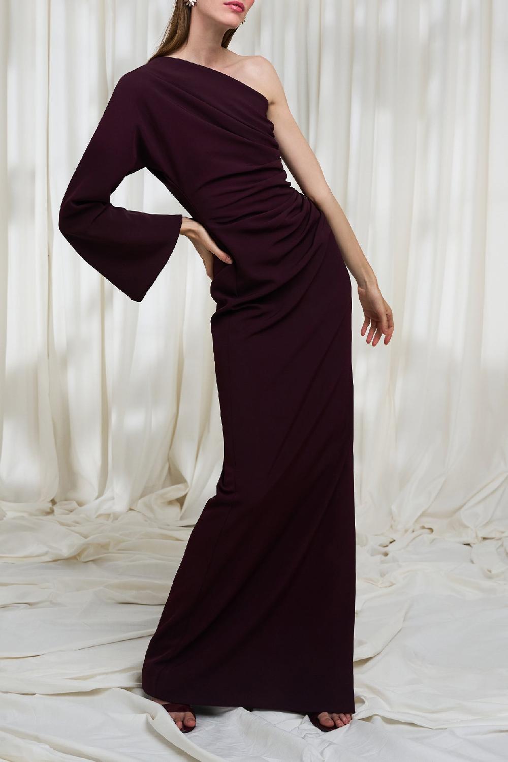 Rhea Costa Cory One-shoulder Crepe Long Dress In Merlot