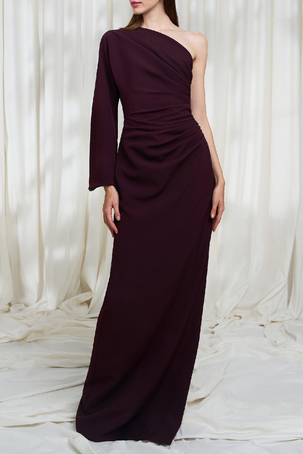 rhea costa Cory One-shoulder Crepe Long Dress In Merlot