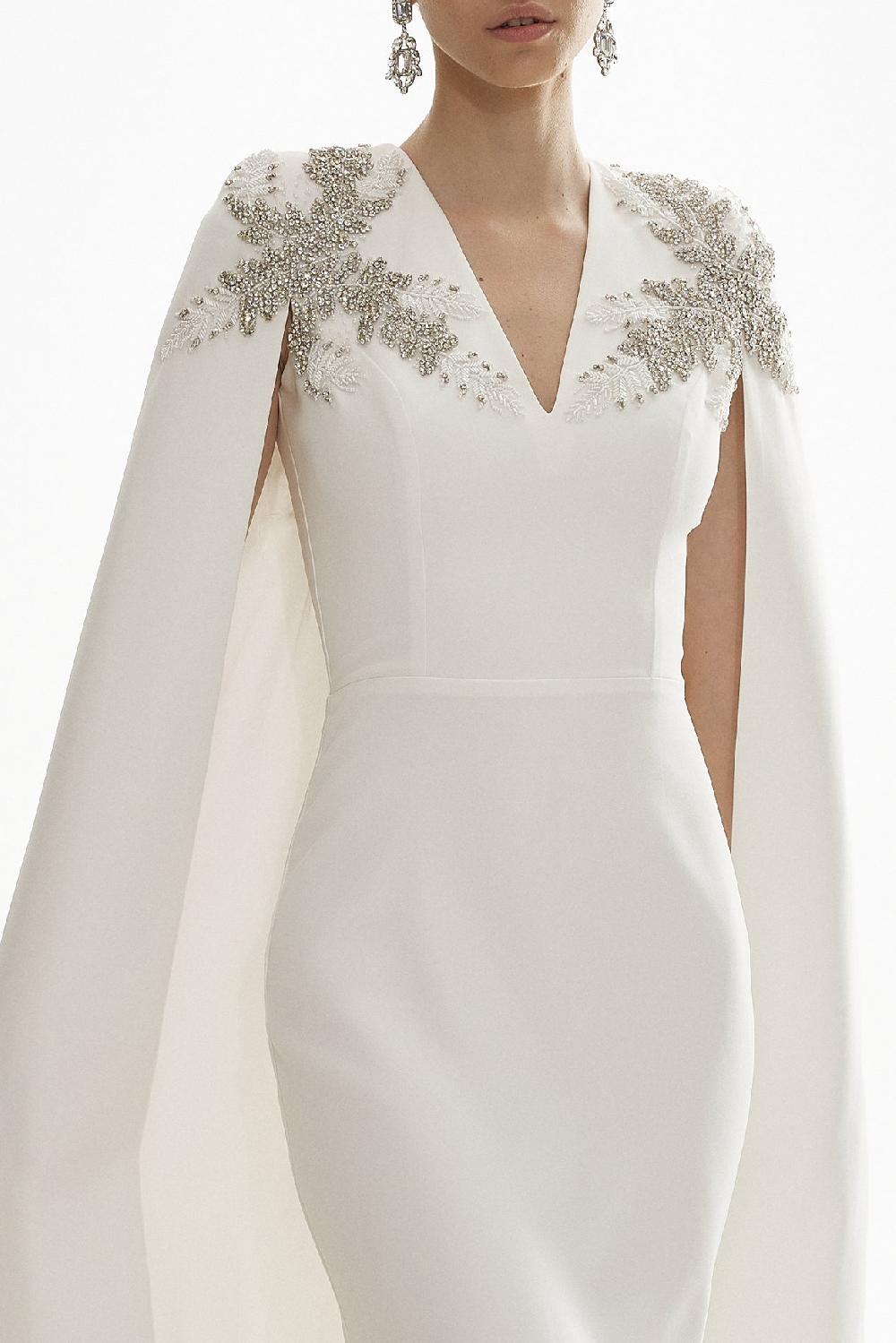 Rhea Costa Dalia Crystal-Embroidered Cape Crepe Dress In Off-White