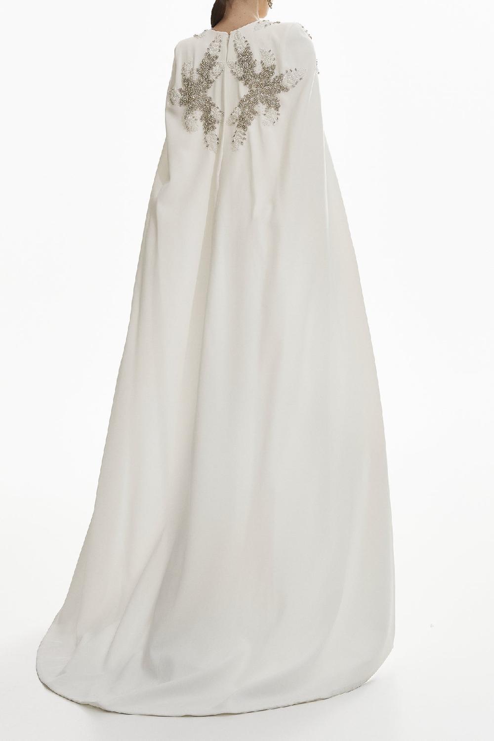 Rhea Costa Dalia Crystal-Embroidered Cape Crepe Dress In Off-White