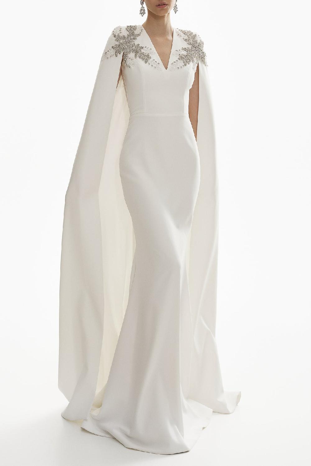 rhea costa Dalia Crystal-Embroidered Cape Crepe Dress In Off-White