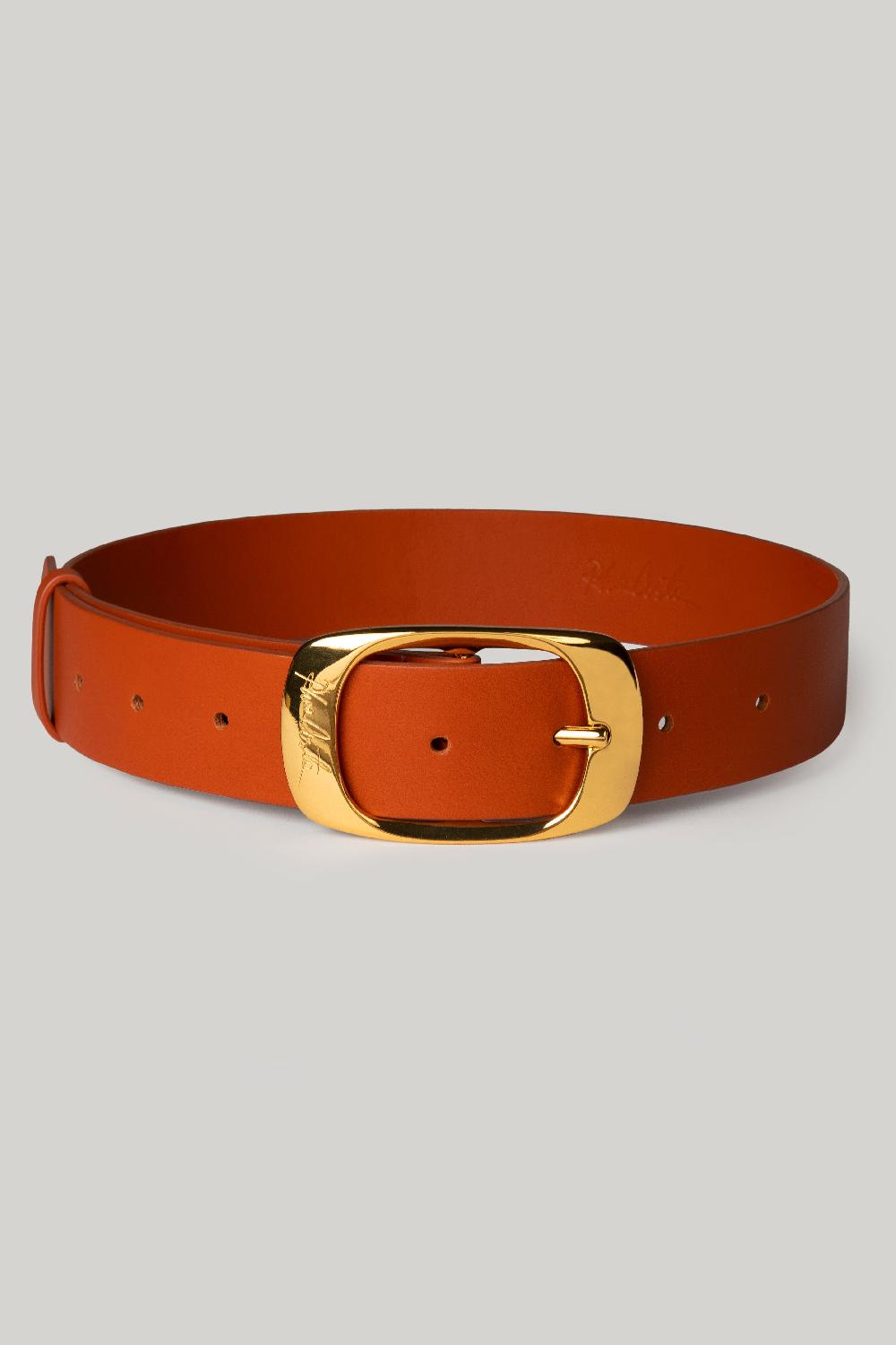 Rhea Costa Ellipse Camel Leather Waist Belt With Gold Buckle