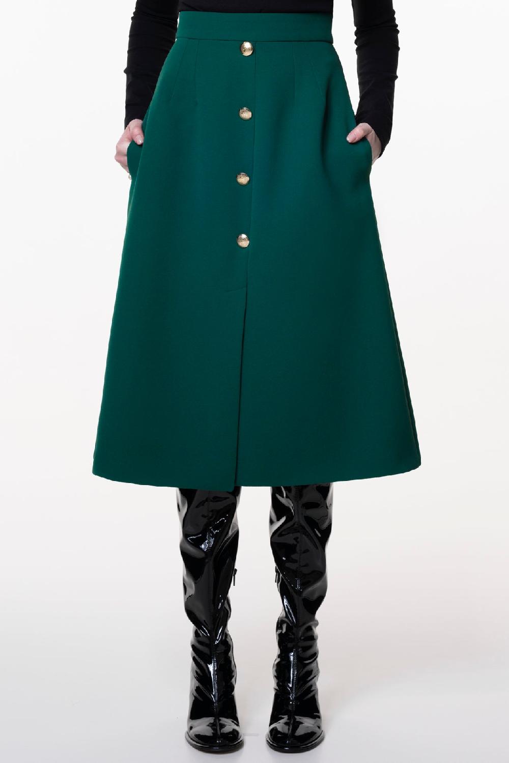 Rhea Costa Emerald Crepe Midi Skirt With Golden Front Buttons