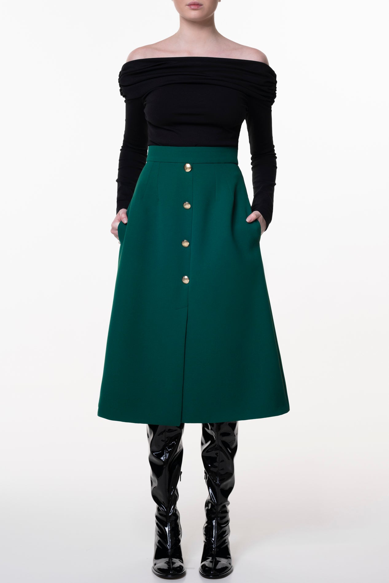 Rhea Costa Emerald Crepe Midi Skirt With Golden Front Buttons