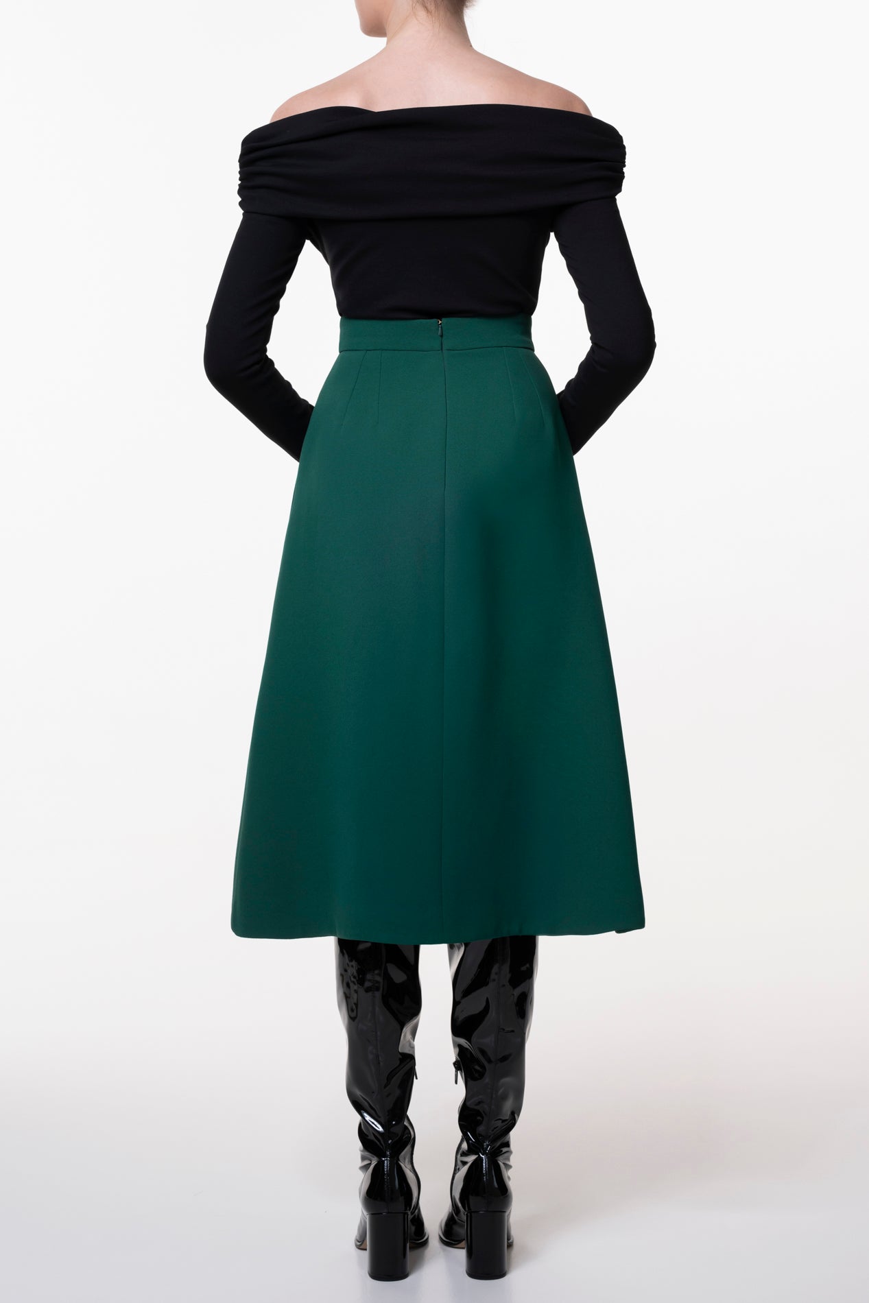 Rhea Costa Emerald Crepe Midi Skirt With Golden Front Buttons