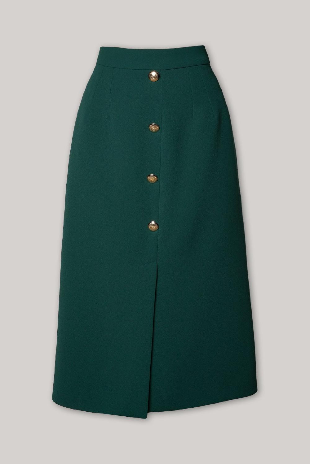 rhea costa Emerald Crepe Midi Skirt With Golden Front Buttons