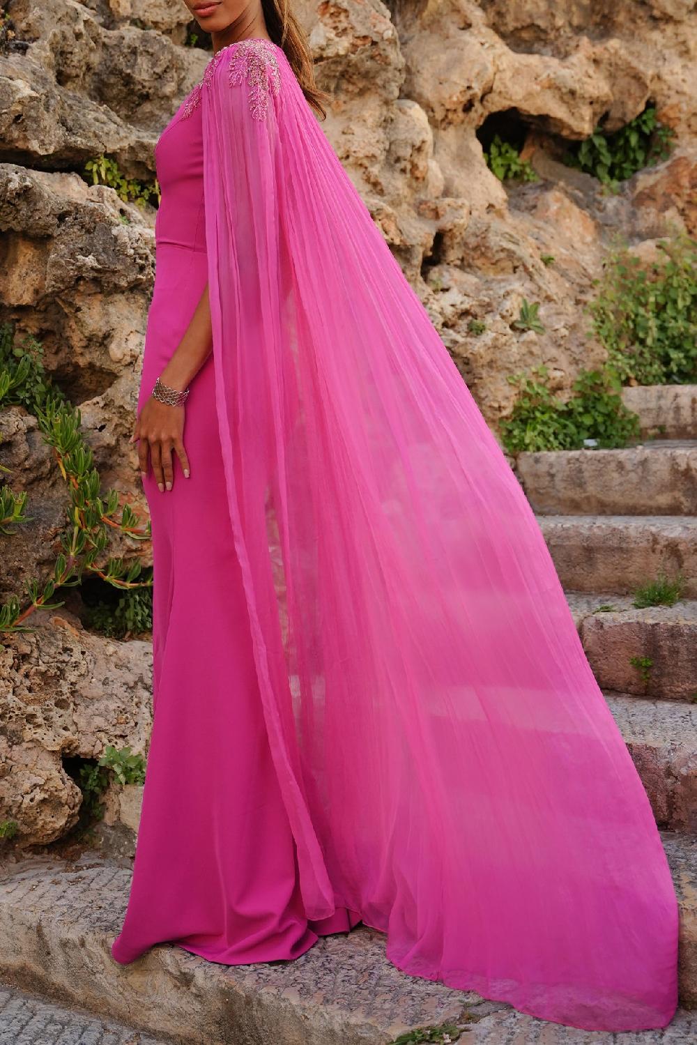 Rhea Costa Esme V-Neck Dress With Flowing Silk Chiffon Cape In Fuchsia