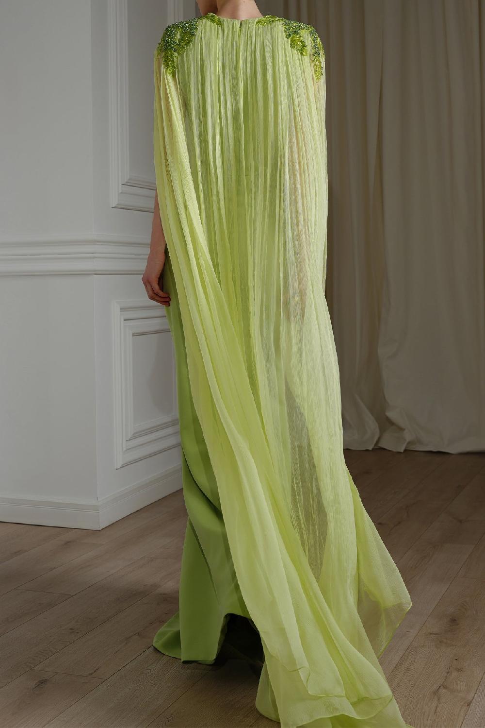 Rhea Costa Esme V-Neck Dress With Flowing Silk Chiffon Cape In Pistachio
