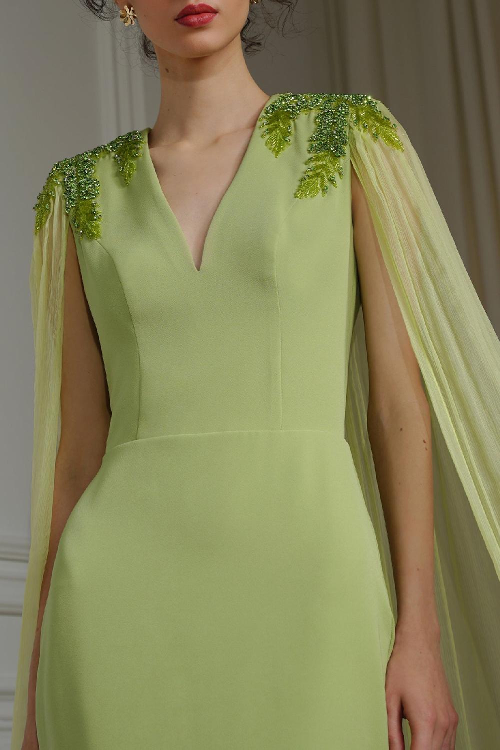 Rhea Costa Esme V-Neck Dress With Flowing Silk Chiffon Cape In Pistachio