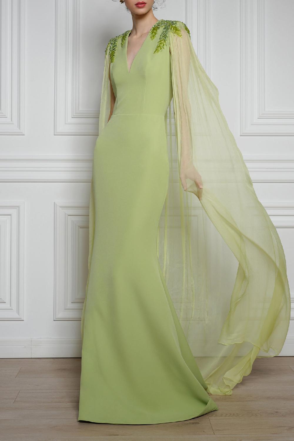 Rhea Costa Esme V-Neck Dress With Flowing Silk Chiffon Cape In Pistachio
